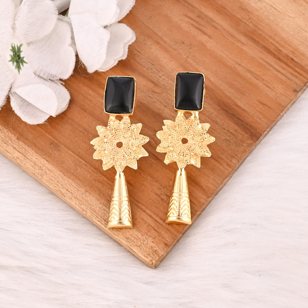 Image of Natural Black Onyx Brass Dangle Earrings Handmade Fashion Jewelry for Women