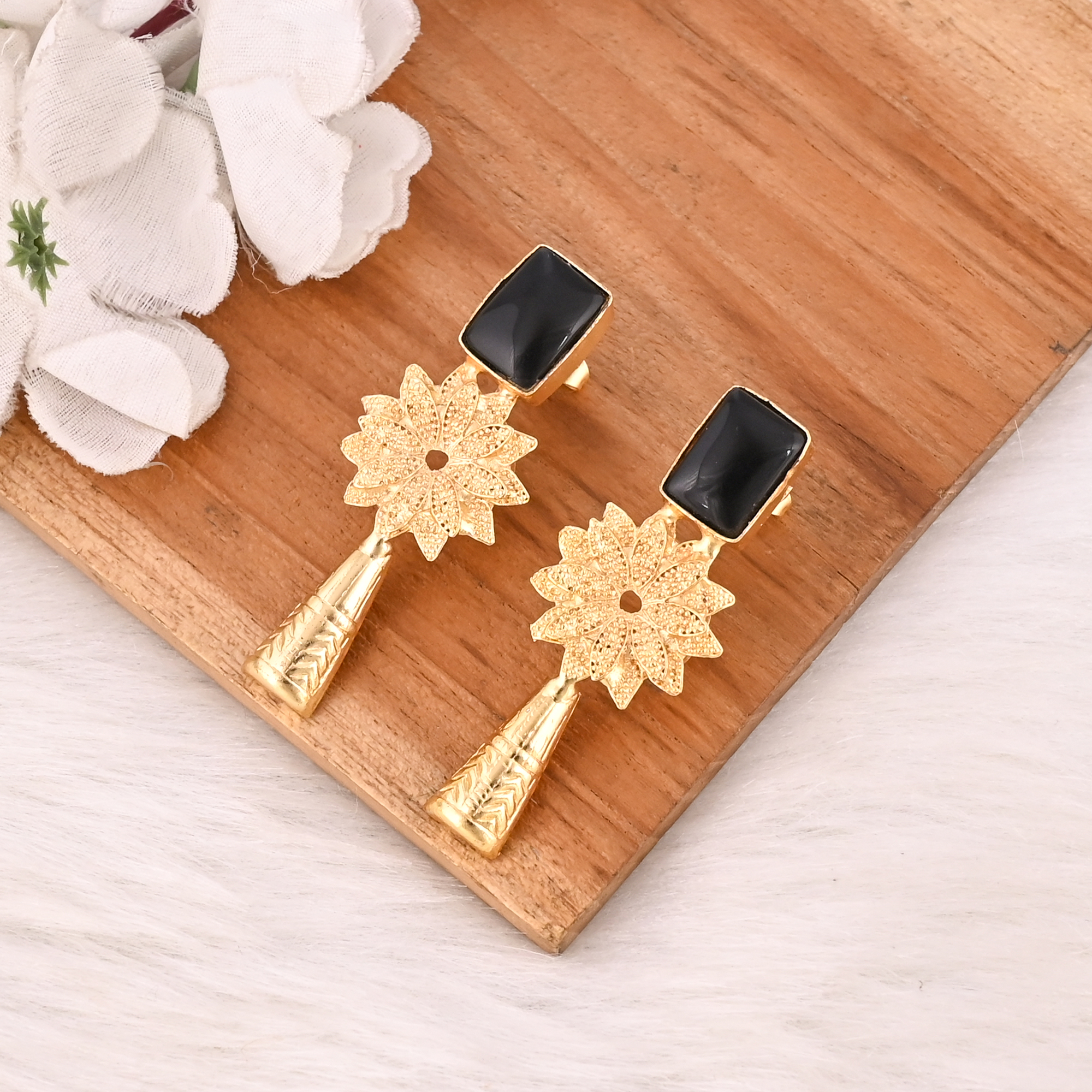 Natural Black Onyx Brass Dangle Earrings Handmade Fashion Jewelry for Women