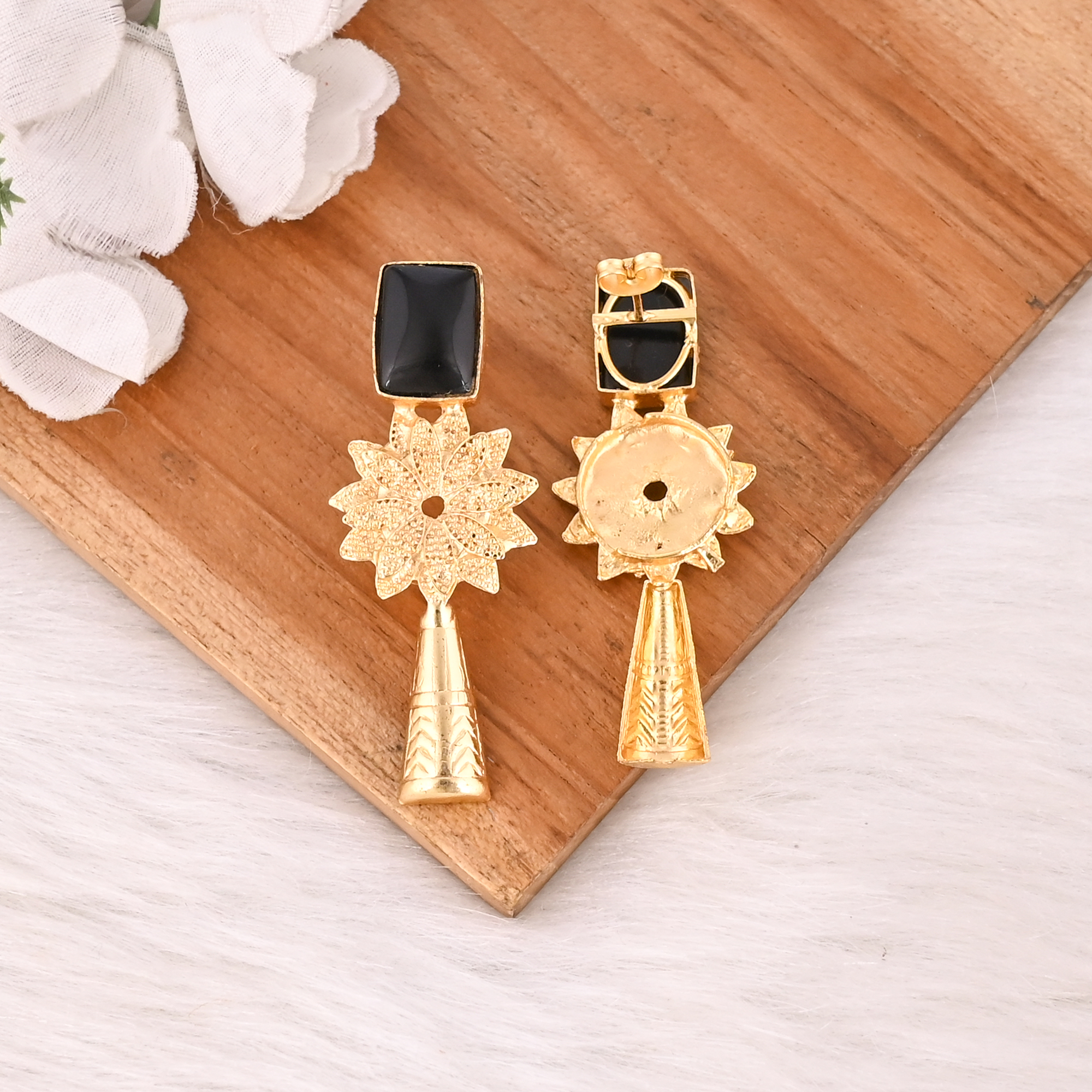 Natural Black Onyx Brass Dangle Earrings Handmade Fashion Jewelry for Women