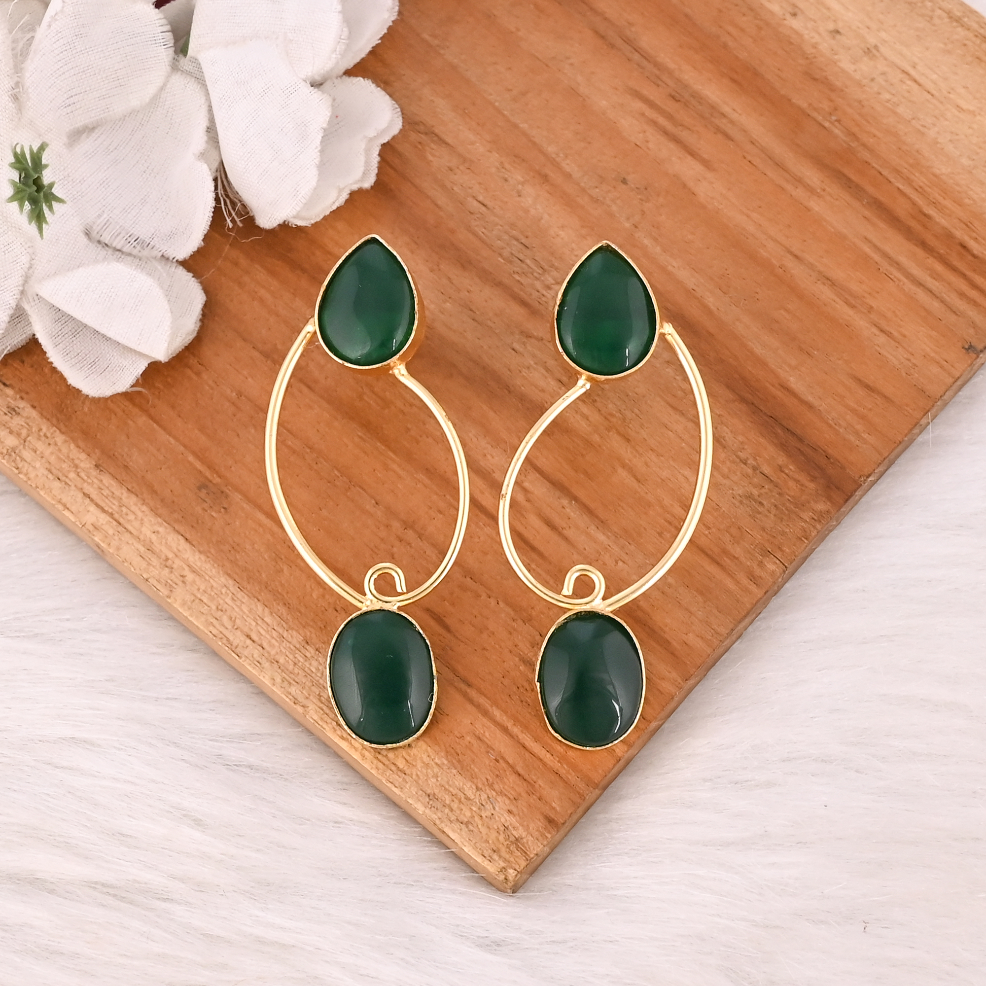Emerald Hydro Gemstone Brass Earrings Gold Plated Statement Fashion Jewelry