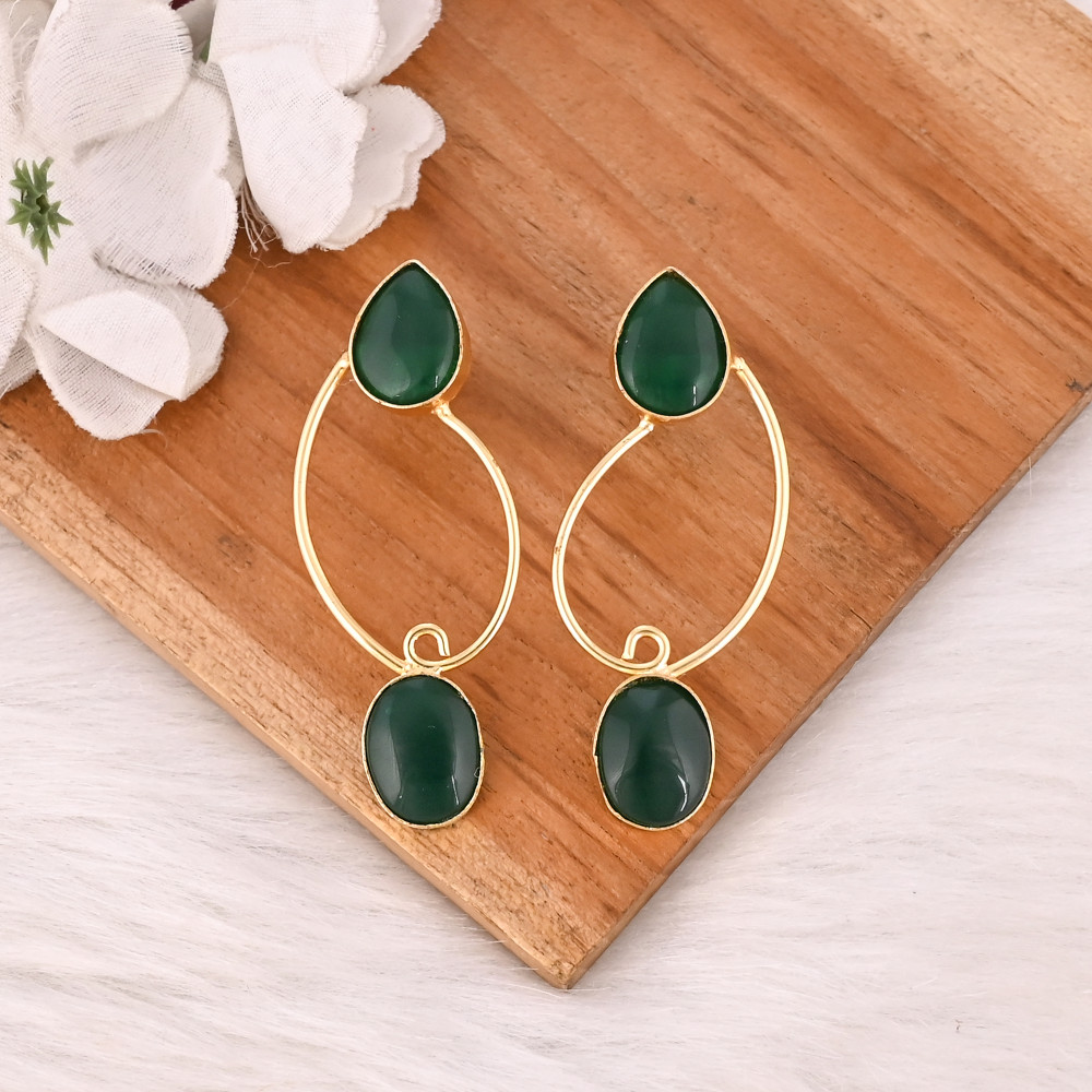 Image of Emerald Hydro Gemstone Brass Earrings Gold Plated Statement Fashion Jewelry