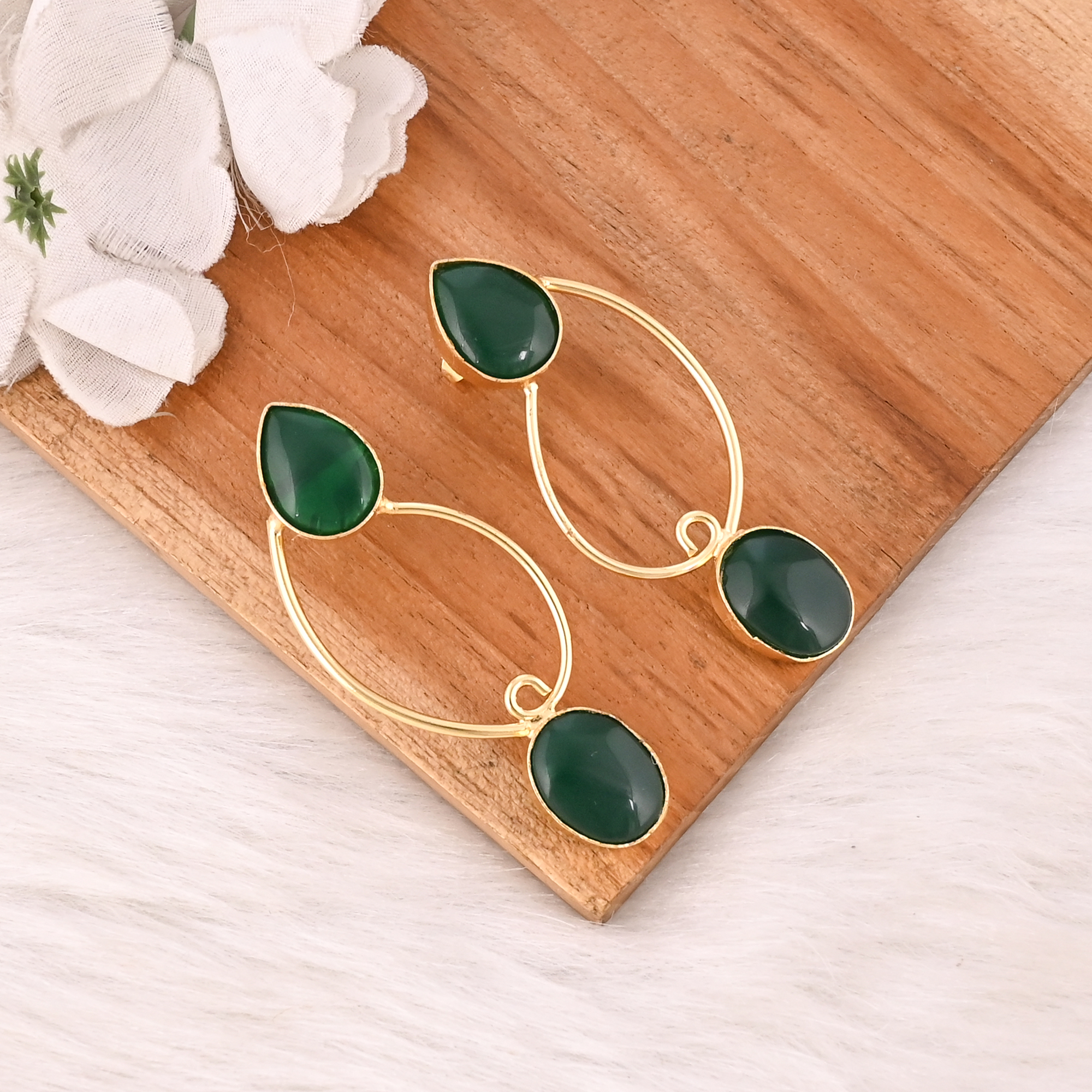 Emerald Hydro Gemstone Brass Earrings Gold Plated Statement Fashion Jewelry