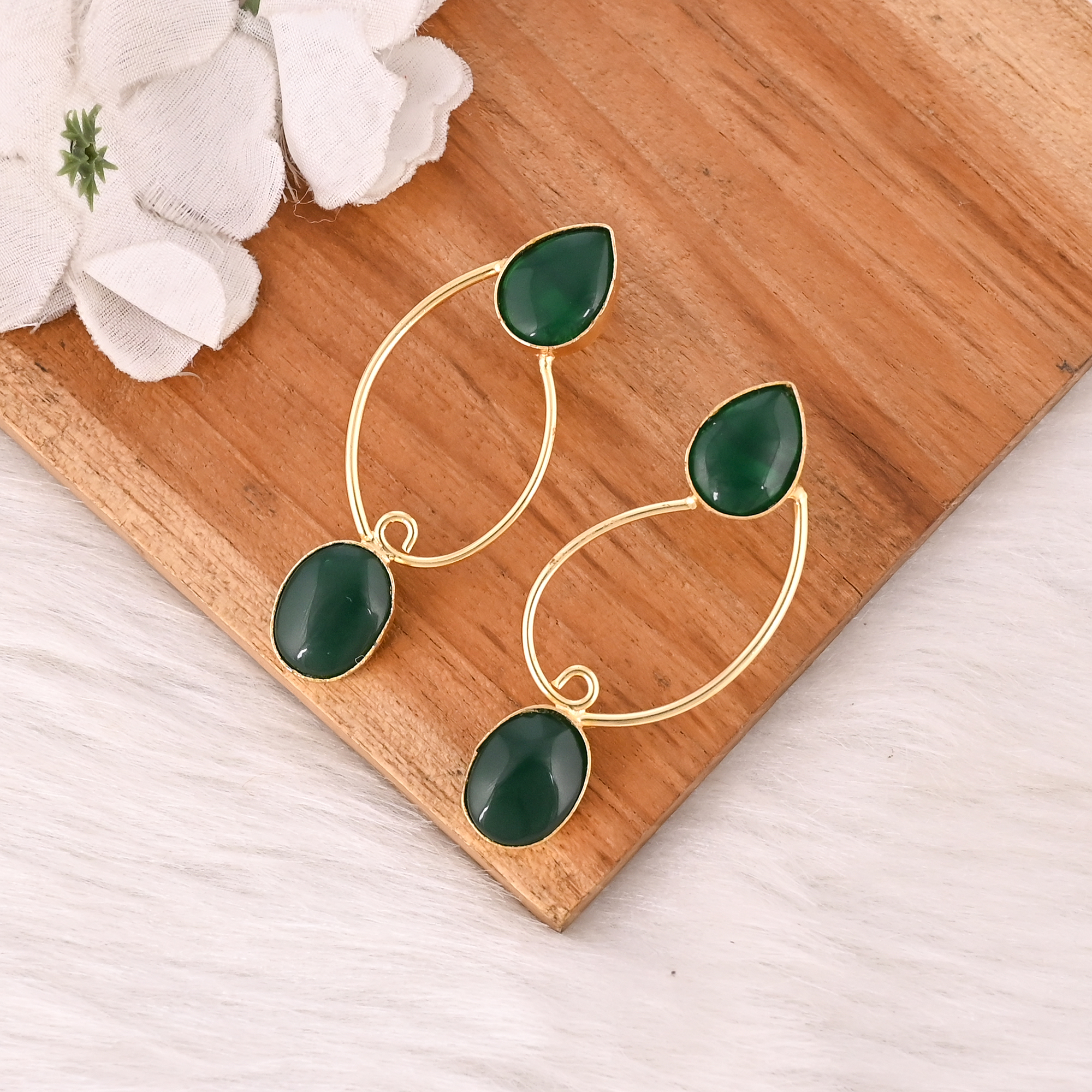 Emerald Hydro Gemstone Brass Earrings Gold Plated Statement Fashion Jewelry