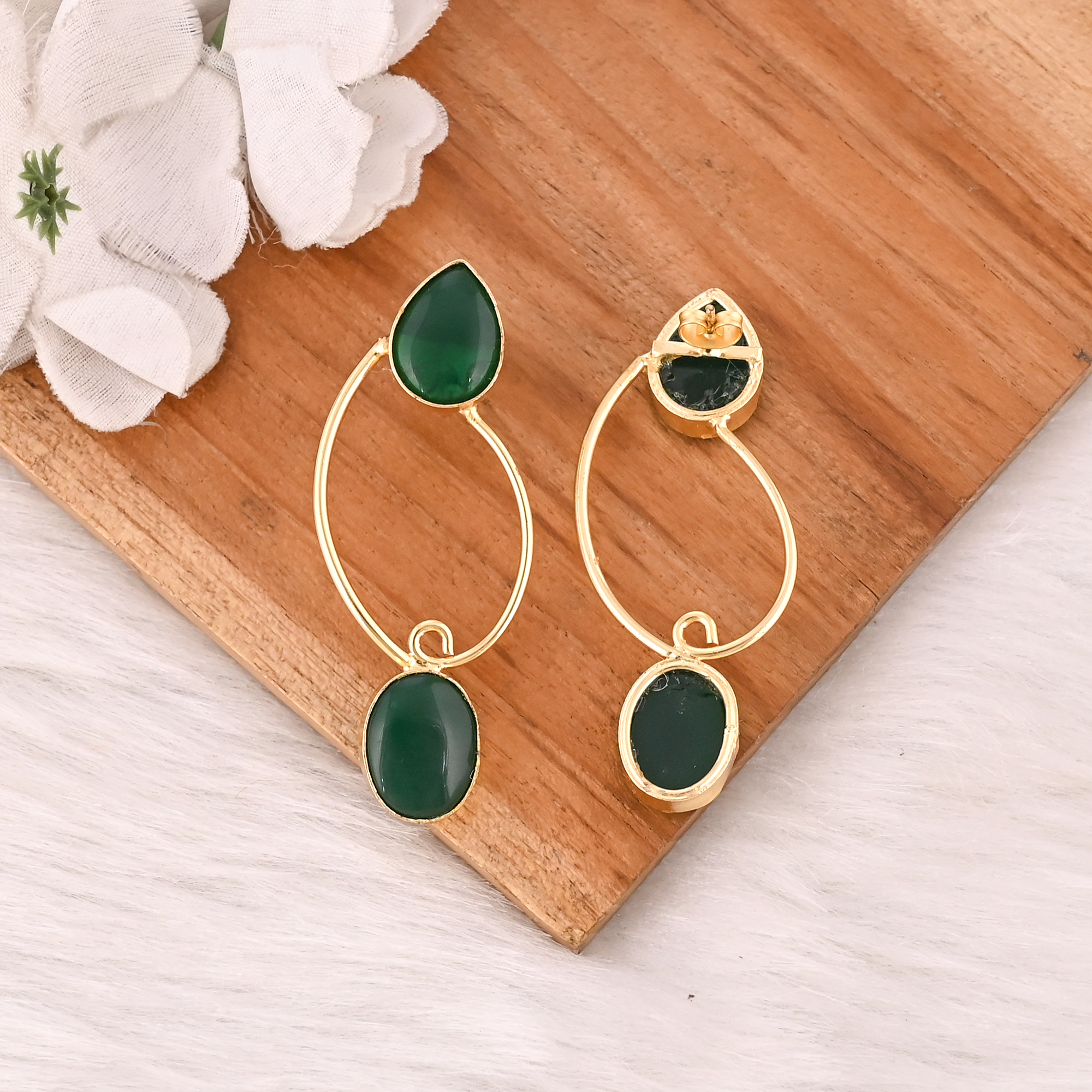 Emerald Hydro Gemstone Brass Earrings Gold Plated Statement Fashion Jewelry