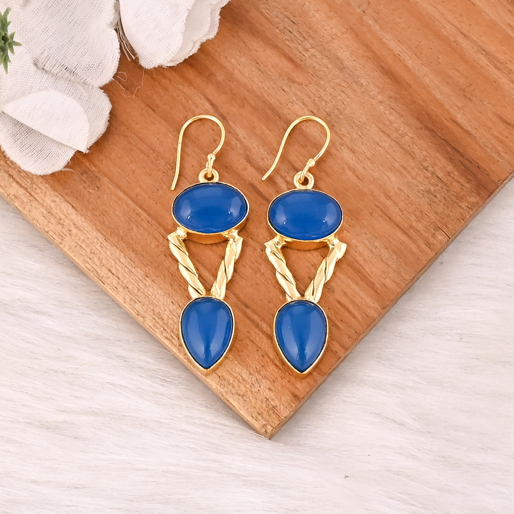 Natural Blue Chalcedony Gemstone Brass Earrings Handmade Statement Jewelry for Women