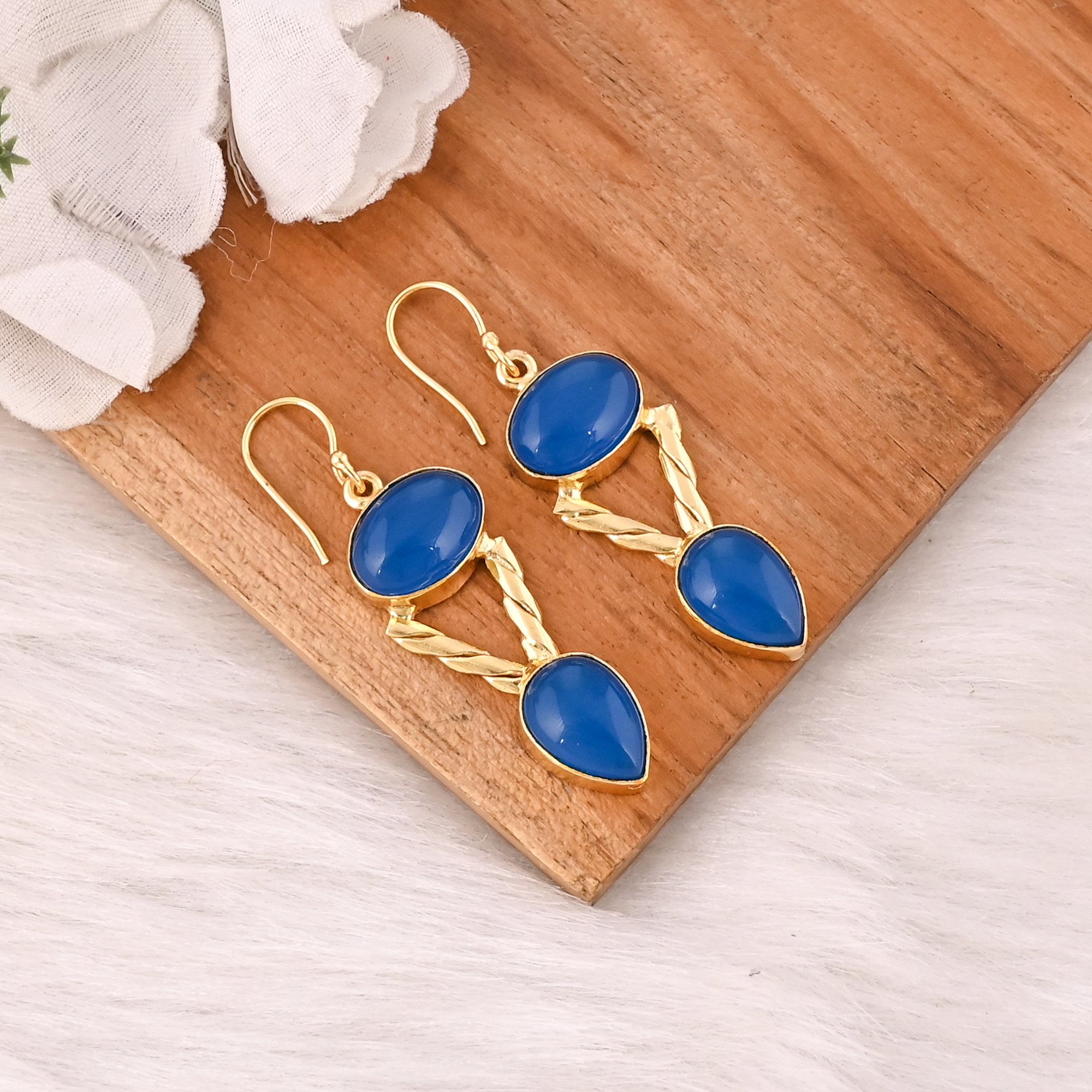 Natural Blue Chalcedony Gemstone Brass Earrings Handmade Statement Jewelry for Women