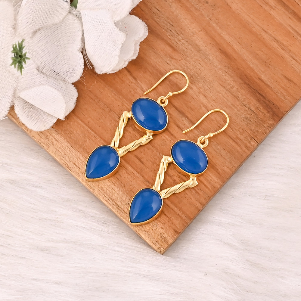 Image of Natural Blue Chalcedony Gemstone Brass Earrings Handmade Statement Jewelry for Women