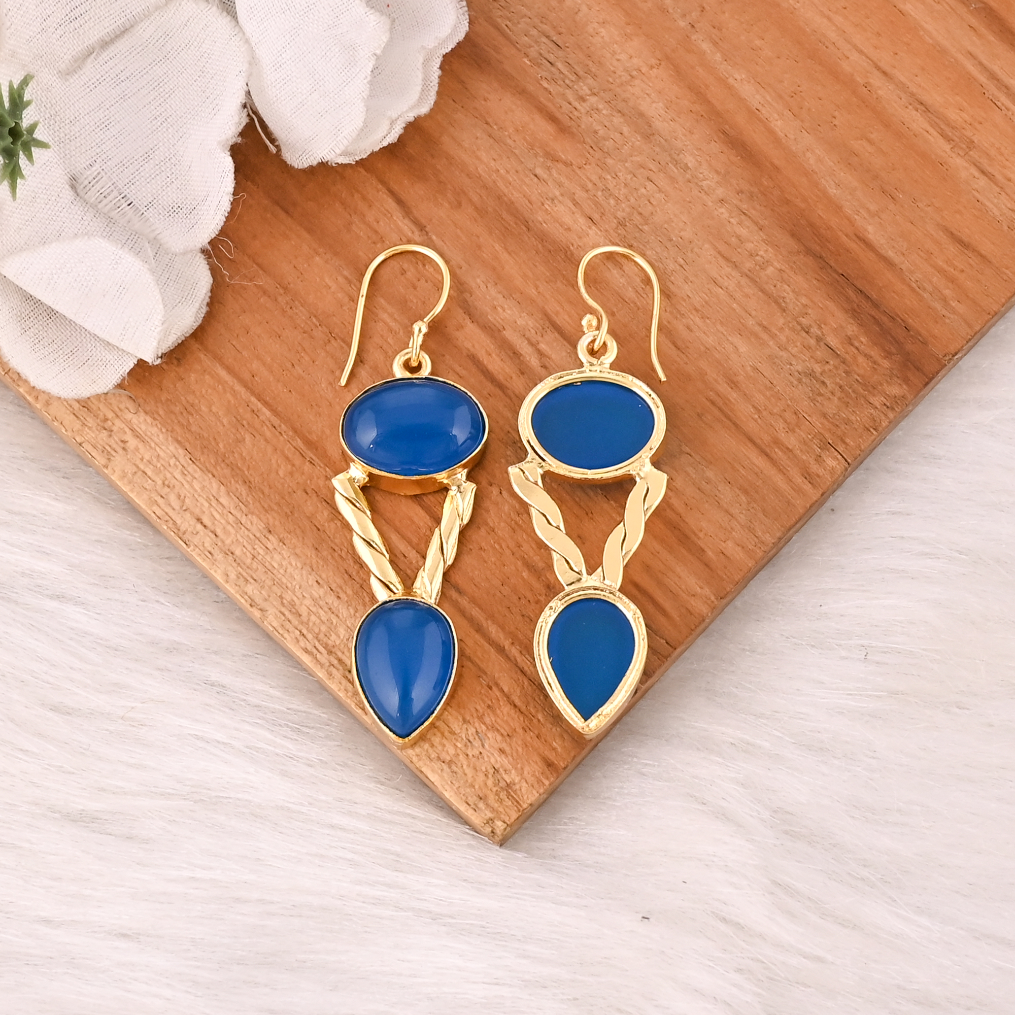 Natural Blue Chalcedony Gemstone Brass Earrings Handmade Statement Jewelry for Women