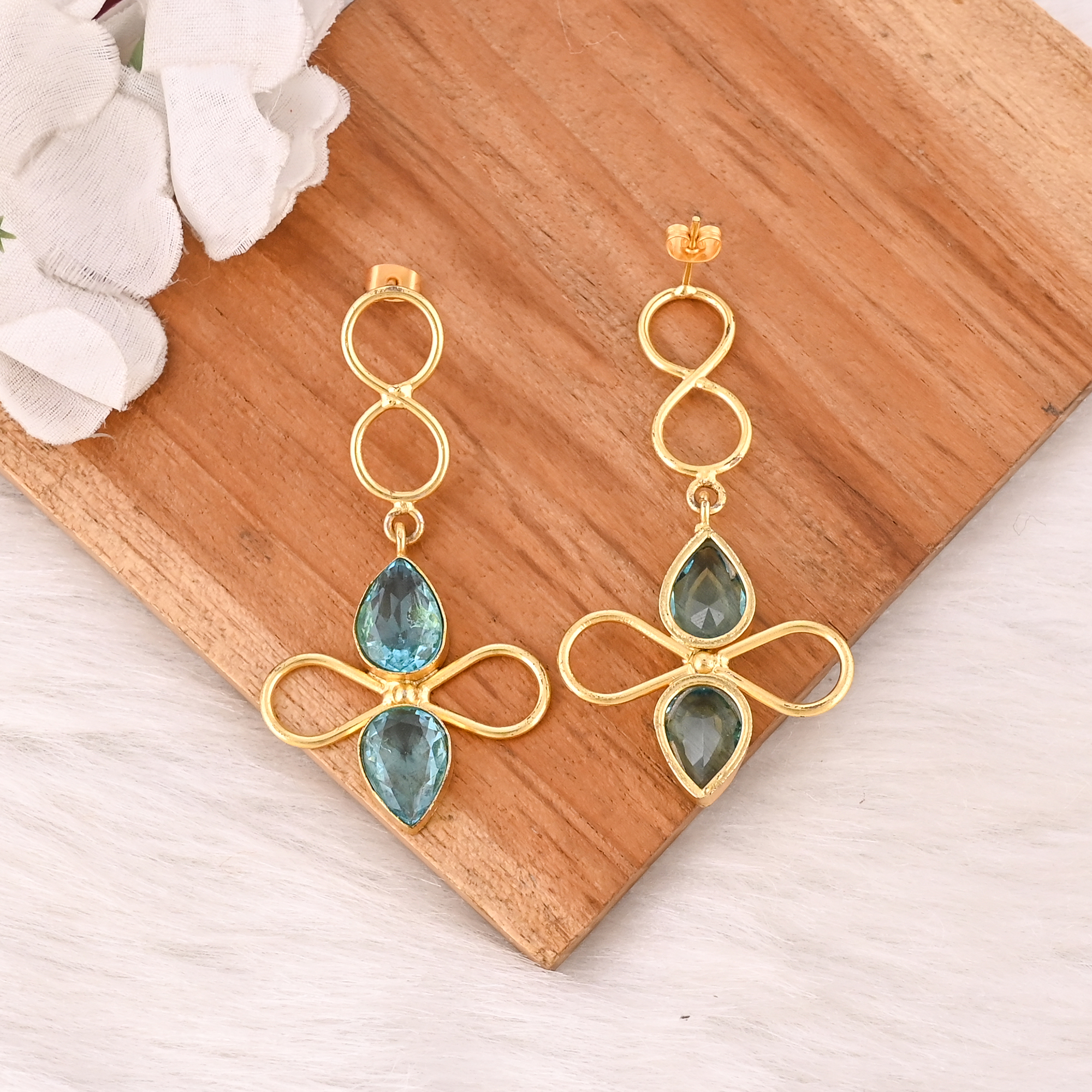 Designer Blue Topaz Hydro Gemstone Brass Earring Handmade Fashionable Jewelry