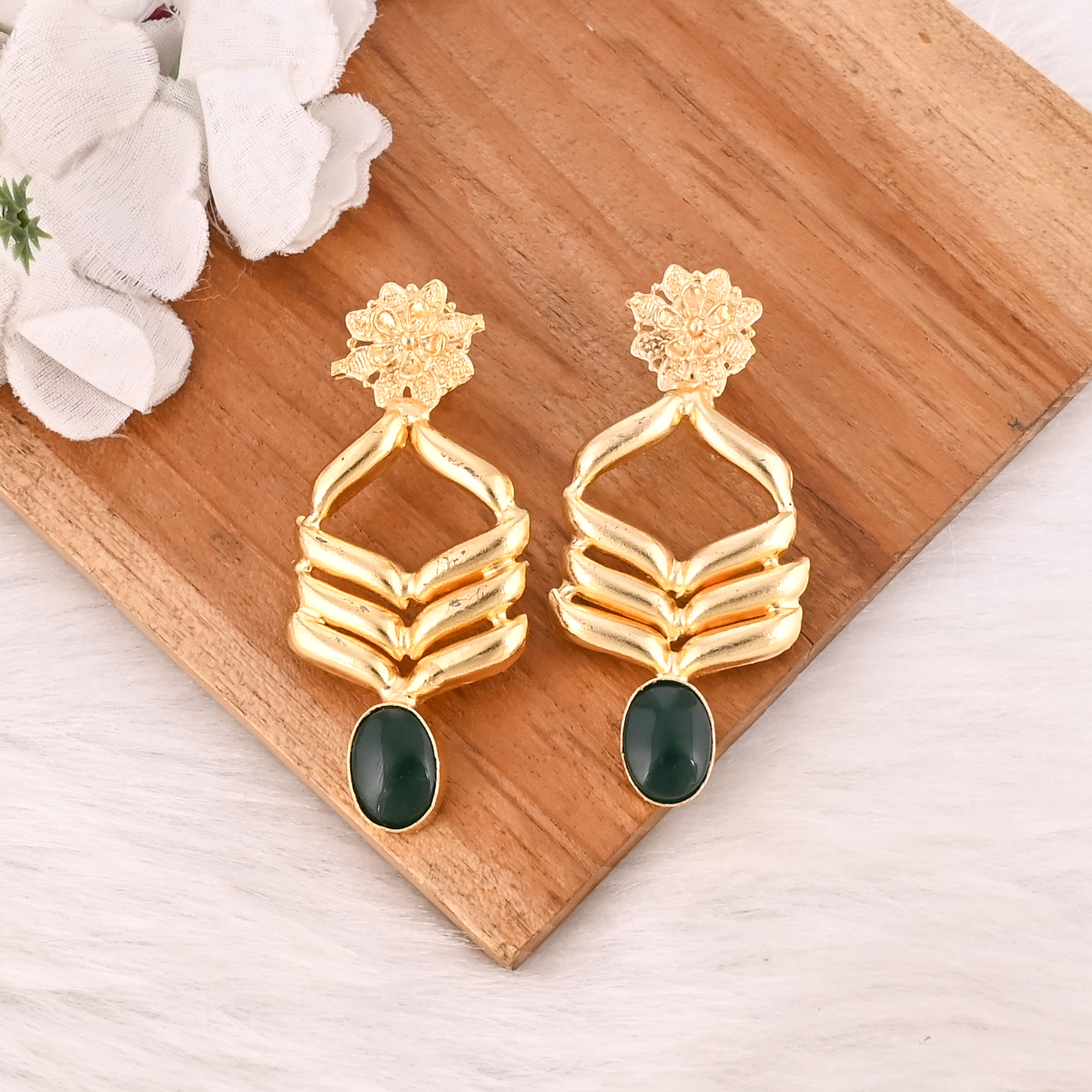 Designer Green Hydro Gemstone Gold Plated Brass Drop Earrings with Flower Design Trendy Handmade Fashion Jewelry for Women