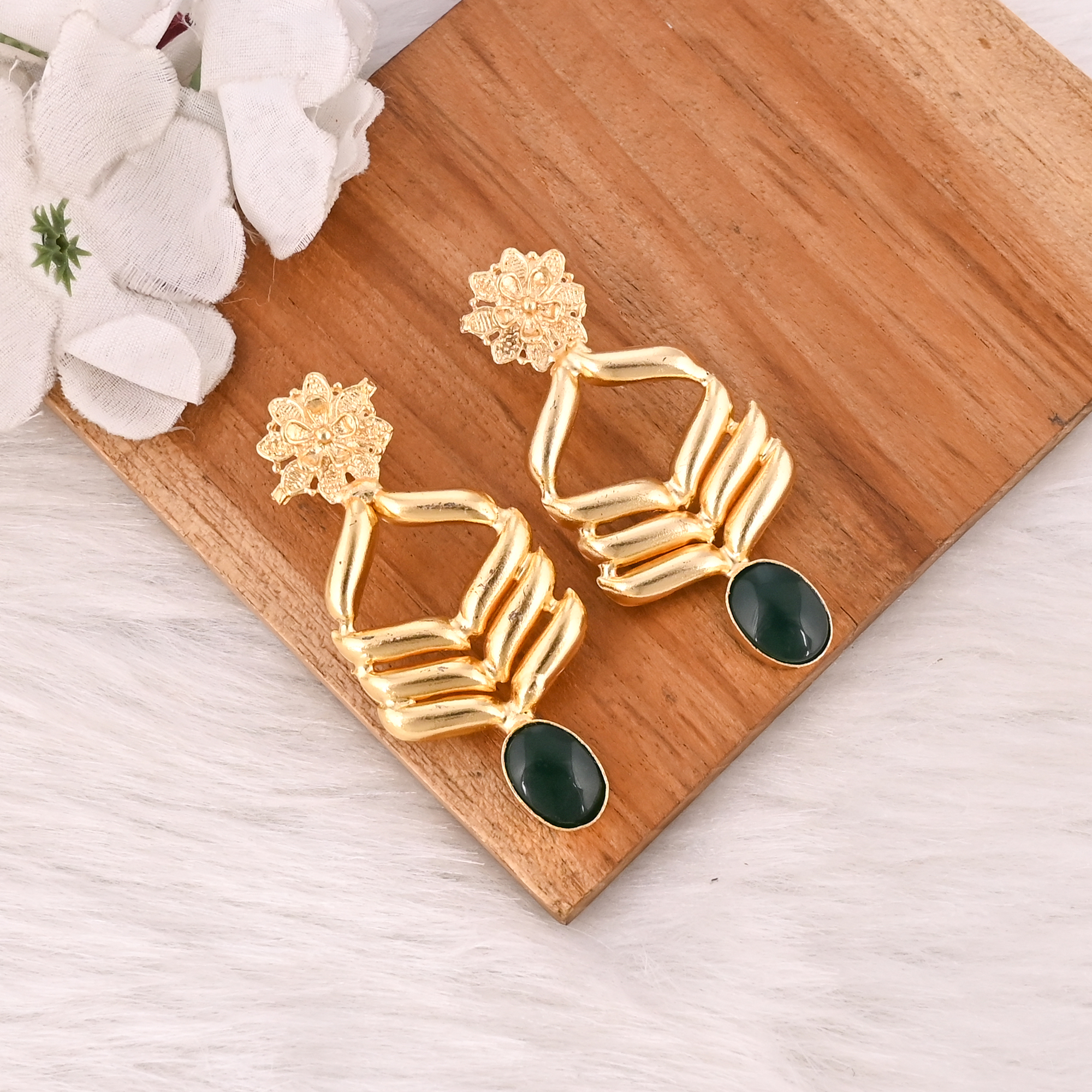 Designer Green Hydro Gemstone Gold Plated Brass Drop Earrings with Flower Design Trendy Handmade Fashion Jewelry for Women
