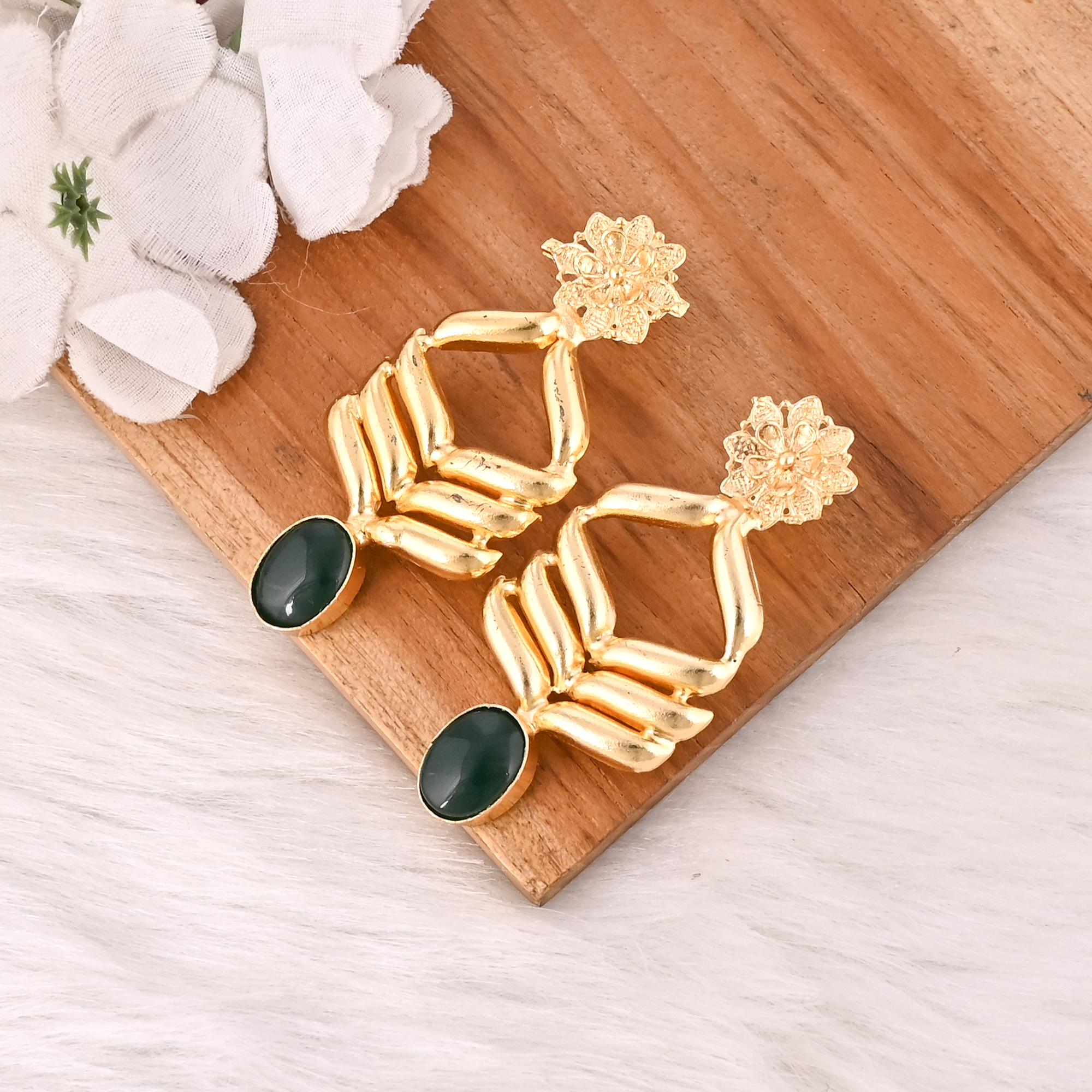 Designer Green Hydro Gemstone Gold Plated Brass Drop Earrings with Flower Design Trendy Handmade Fashion Jewelry for Women