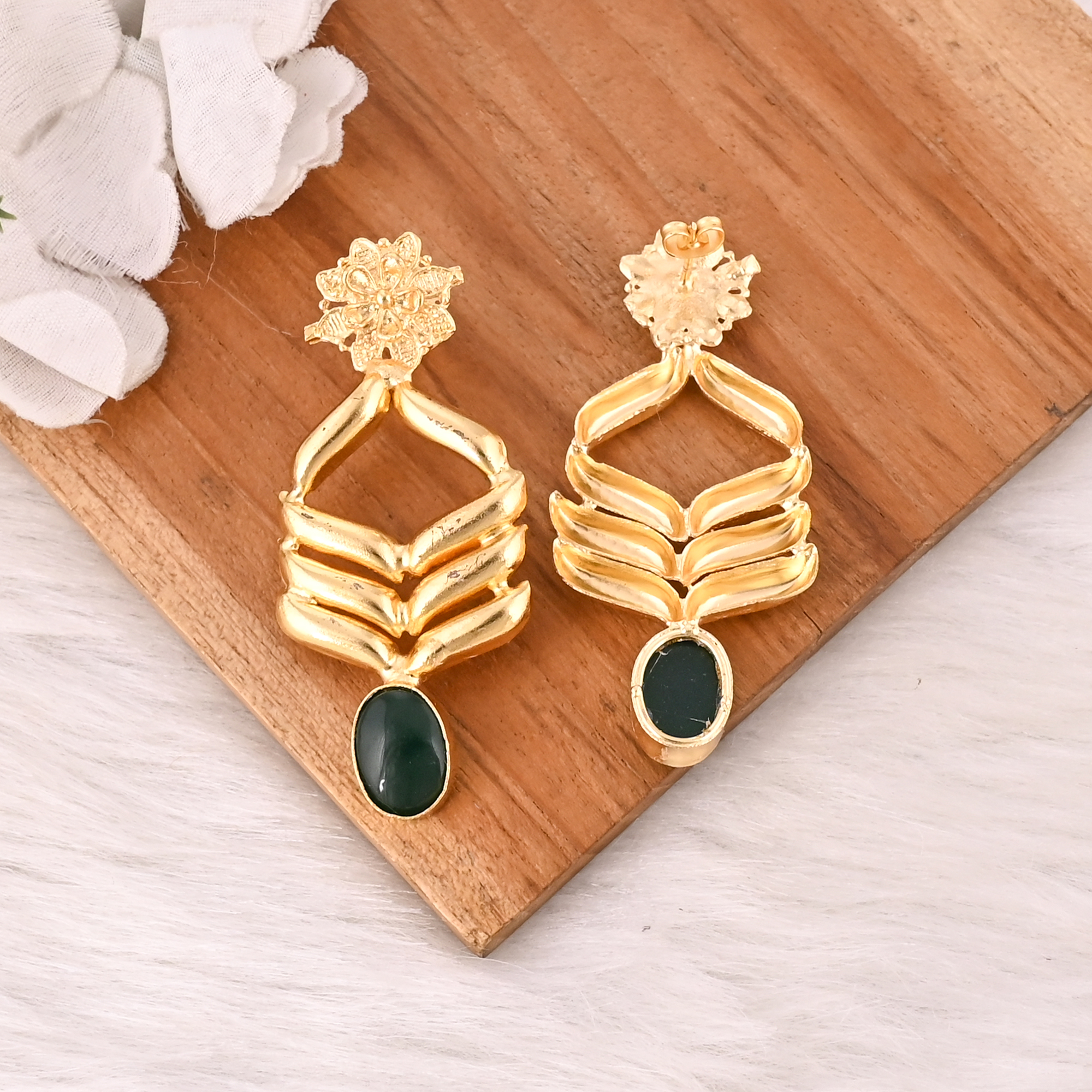 Designer Green Hydro Gemstone Gold Plated Brass Drop Earrings with Flower Design Trendy Handmade Fashion Jewelry for Women