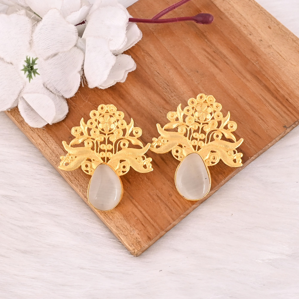Image of Handmade White Cat's Eye Gemstone Brass Earrings Fashion Jewelry for Women