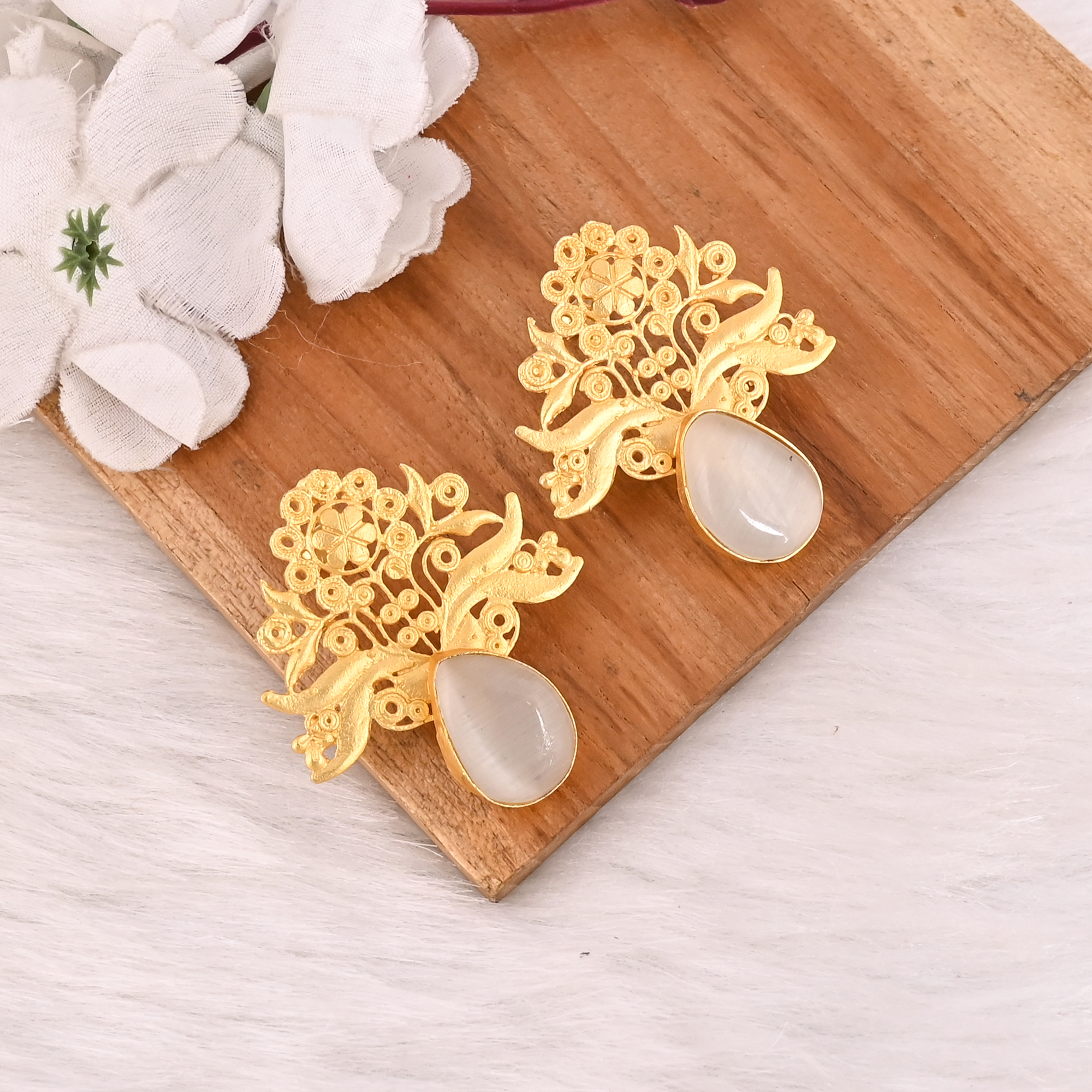 Handmade White Cats Eye Gemstone Brass Earrings Fashion Jewelry for Women