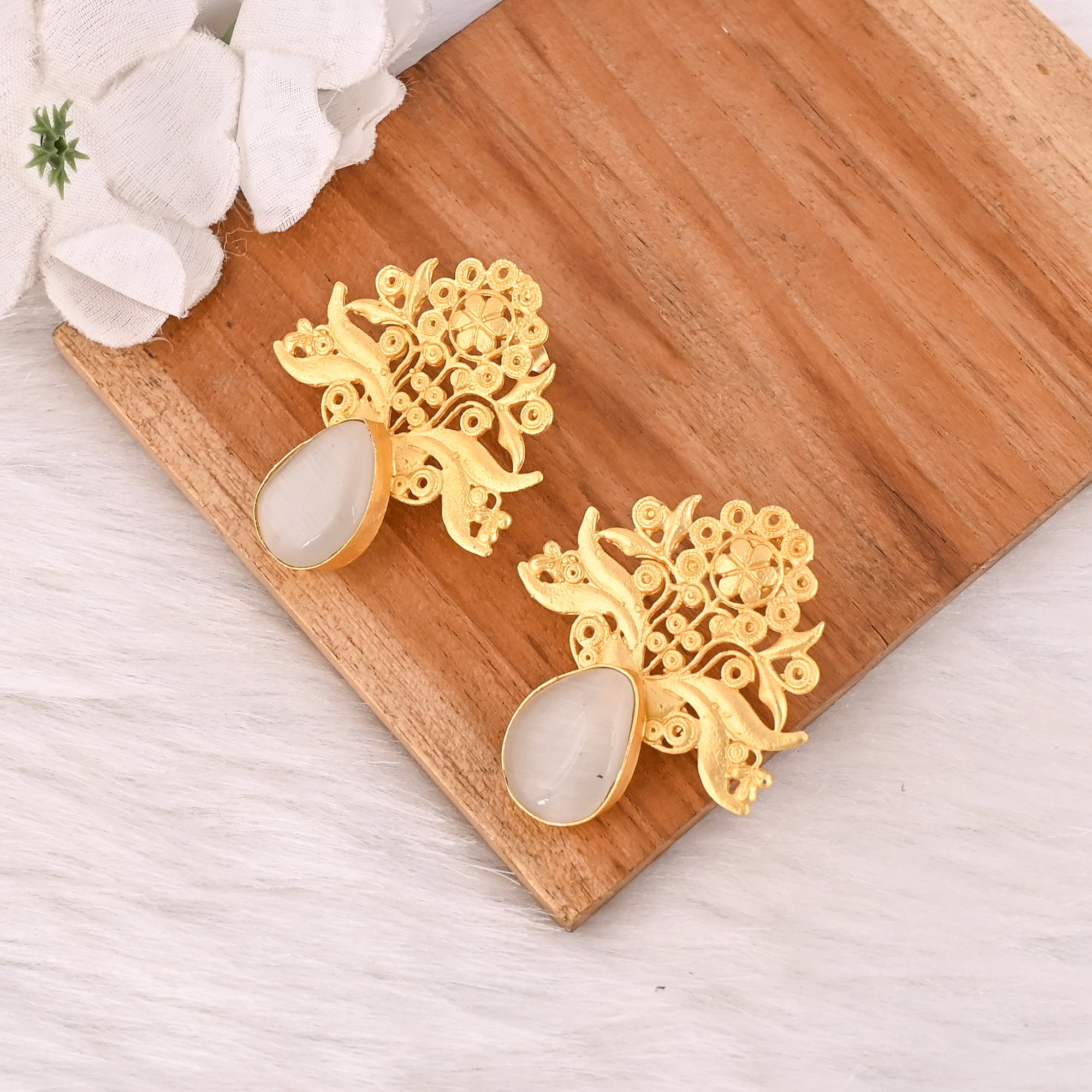 Handmade White Cats Eye Gemstone Brass Earrings Fashion Jewelry for Women