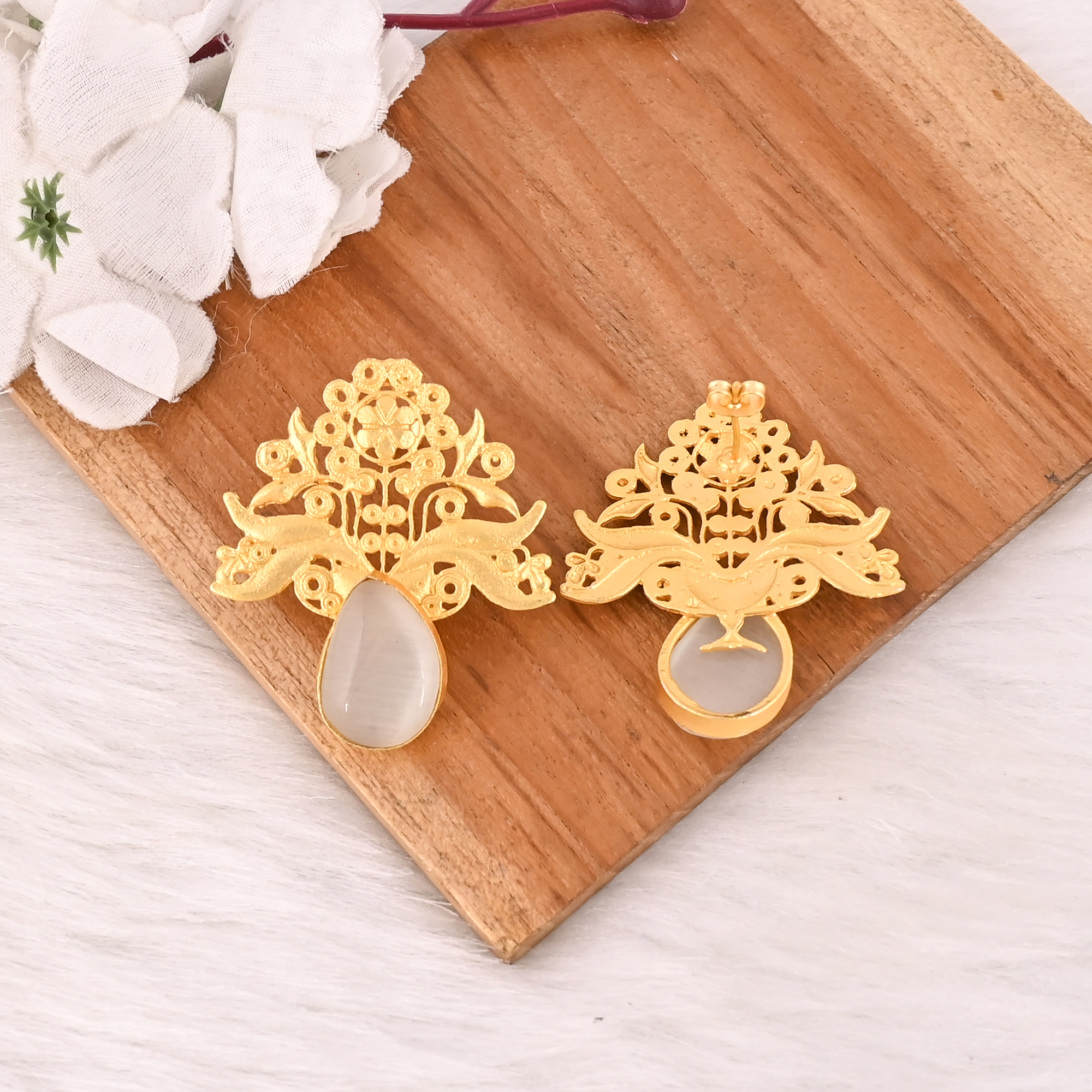 Handmade White Cats Eye Gemstone Brass Earrings Fashion Jewelry for Women