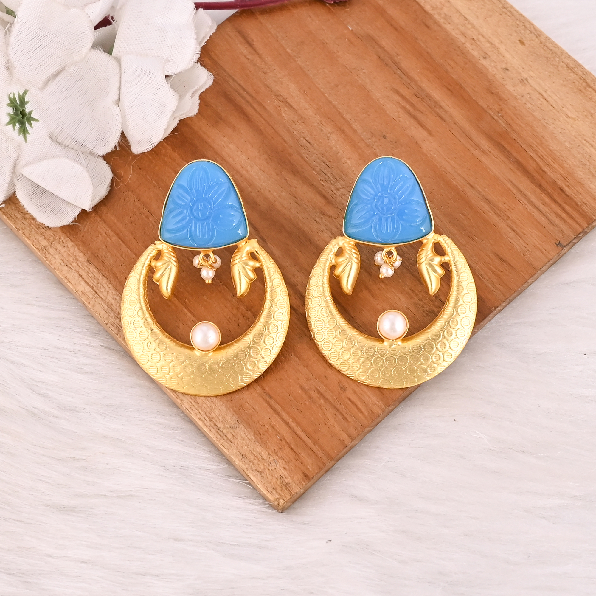 Elegant Gold Plated Dark Blue Chalcedony  Pearl Gemstone Brass Earring Handmade Fashion Jewelry for Women Gift