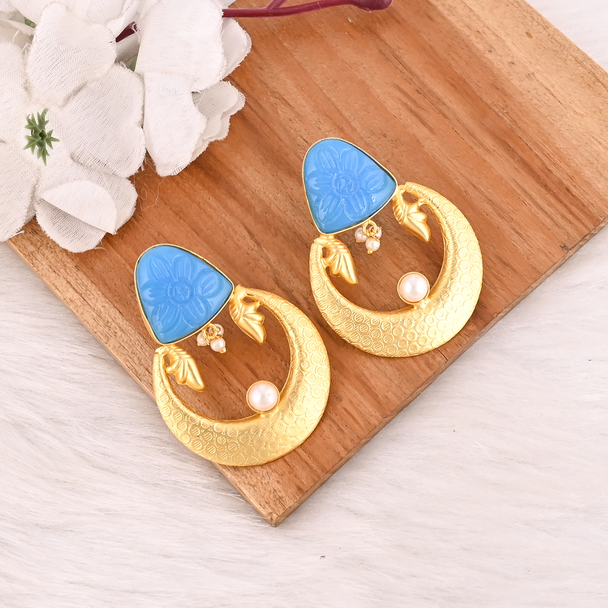 Elegant Gold Plated Dark Blue Chalcedony  Pearl Gemstone Brass Earring Handmade Fashion Jewelry for Women Gift