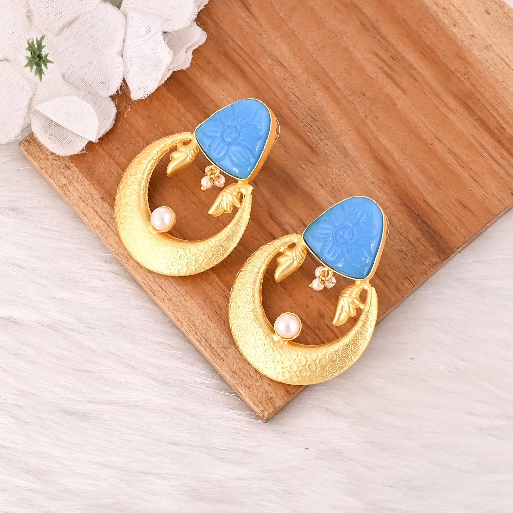Elegant Gold Plated Dark Blue Chalcedony  Pearl Gemstone Brass Earring Handmade Fashion Jewelry for Women Gift
