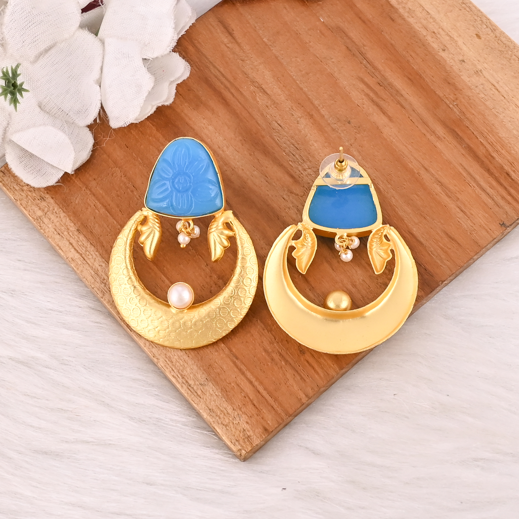 Elegant Gold Plated Dark Blue Chalcedony  Pearl Gemstone Brass Earring Handmade Fashion Jewelry for Women Gift