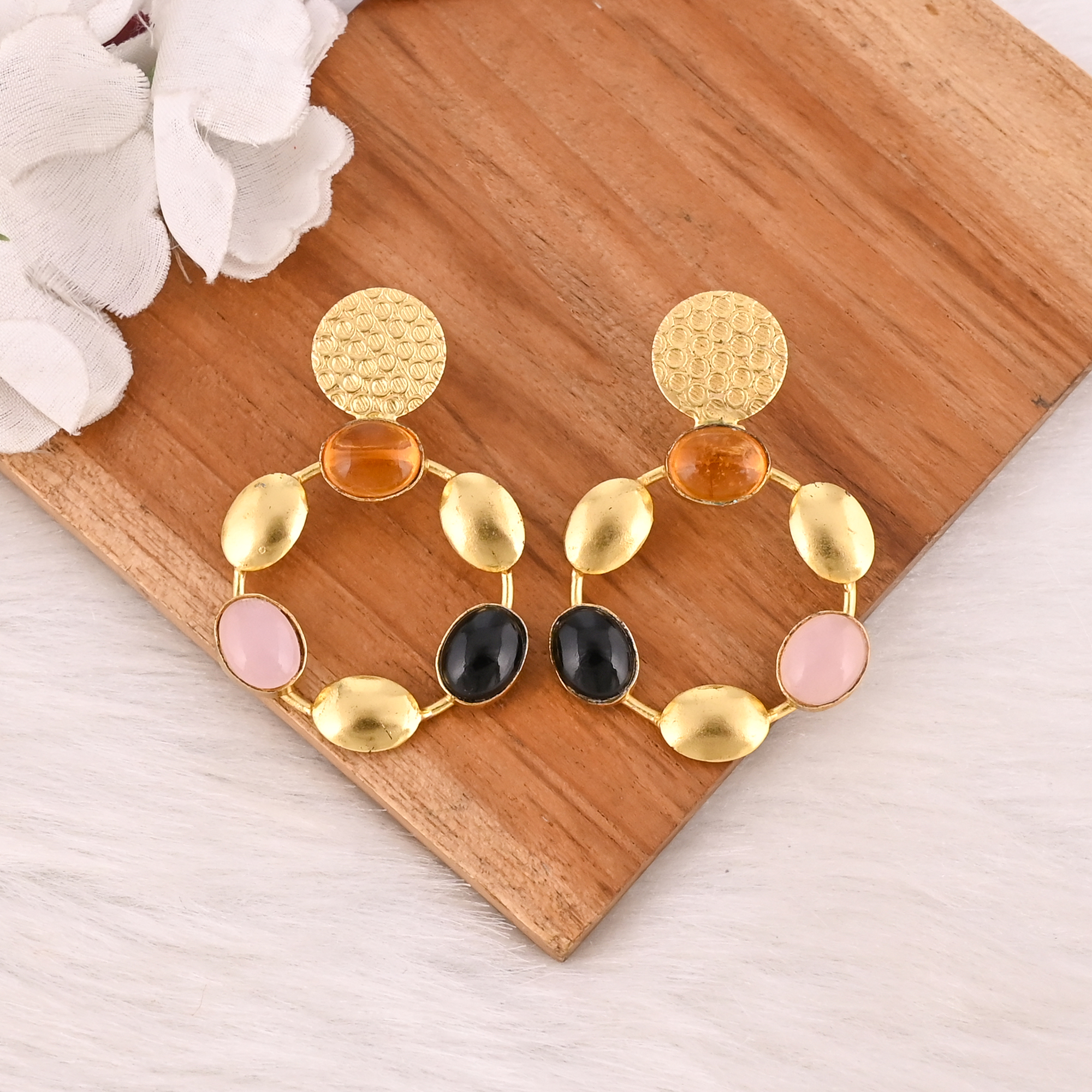 Designer Citrine Hydro  Black Onyx  Rose Chalcedony Dangle Earrings Handmade Fashion Jewelry for Women