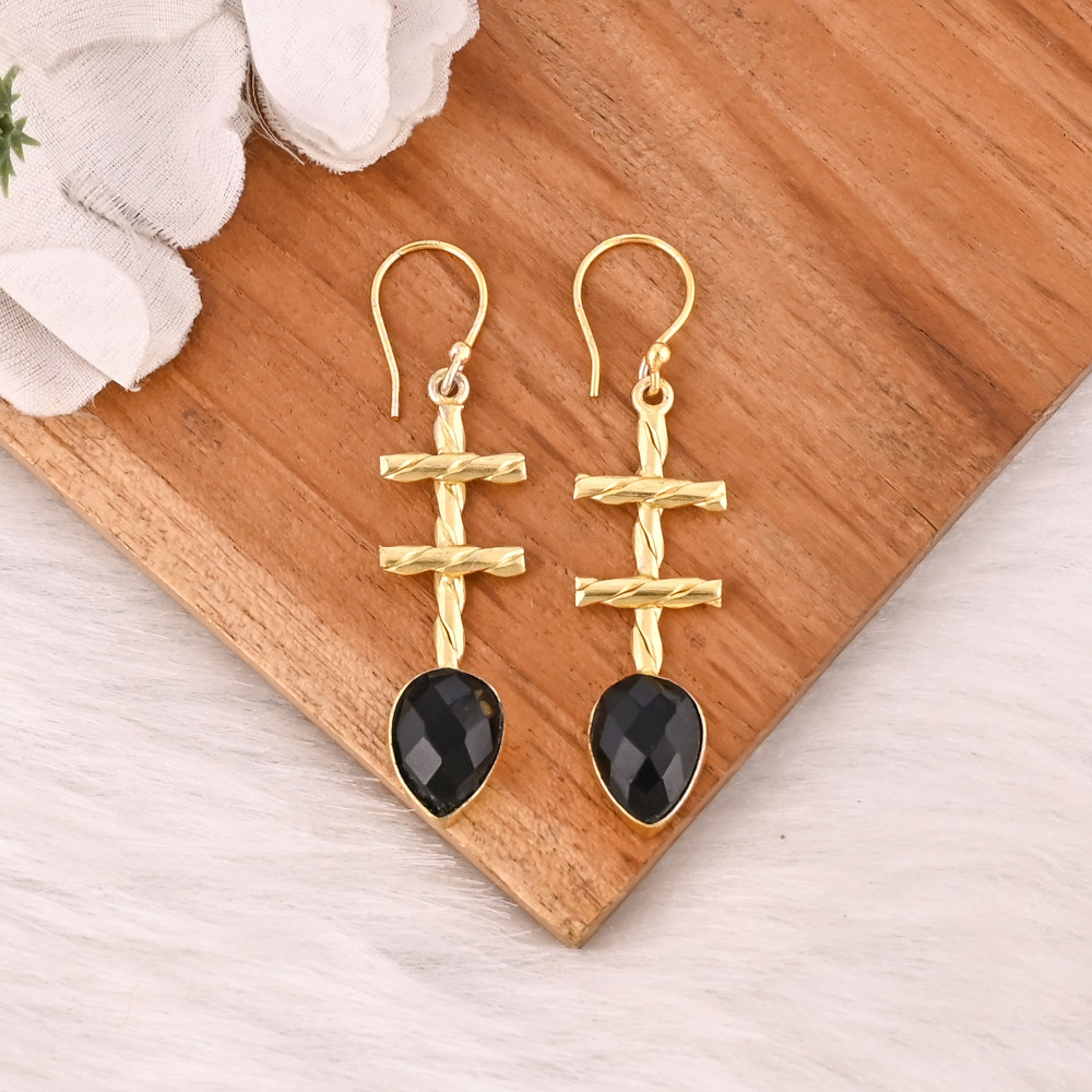 Image of Natural Black Onyx Brass Dangle Earrings Handmade Fashion Jewelry for Women