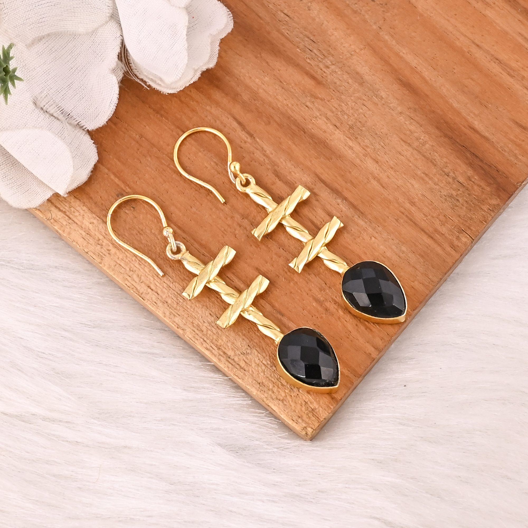 Natural Black Onyx Brass Dangle Earrings Handmade Fashion Jewelry for Women