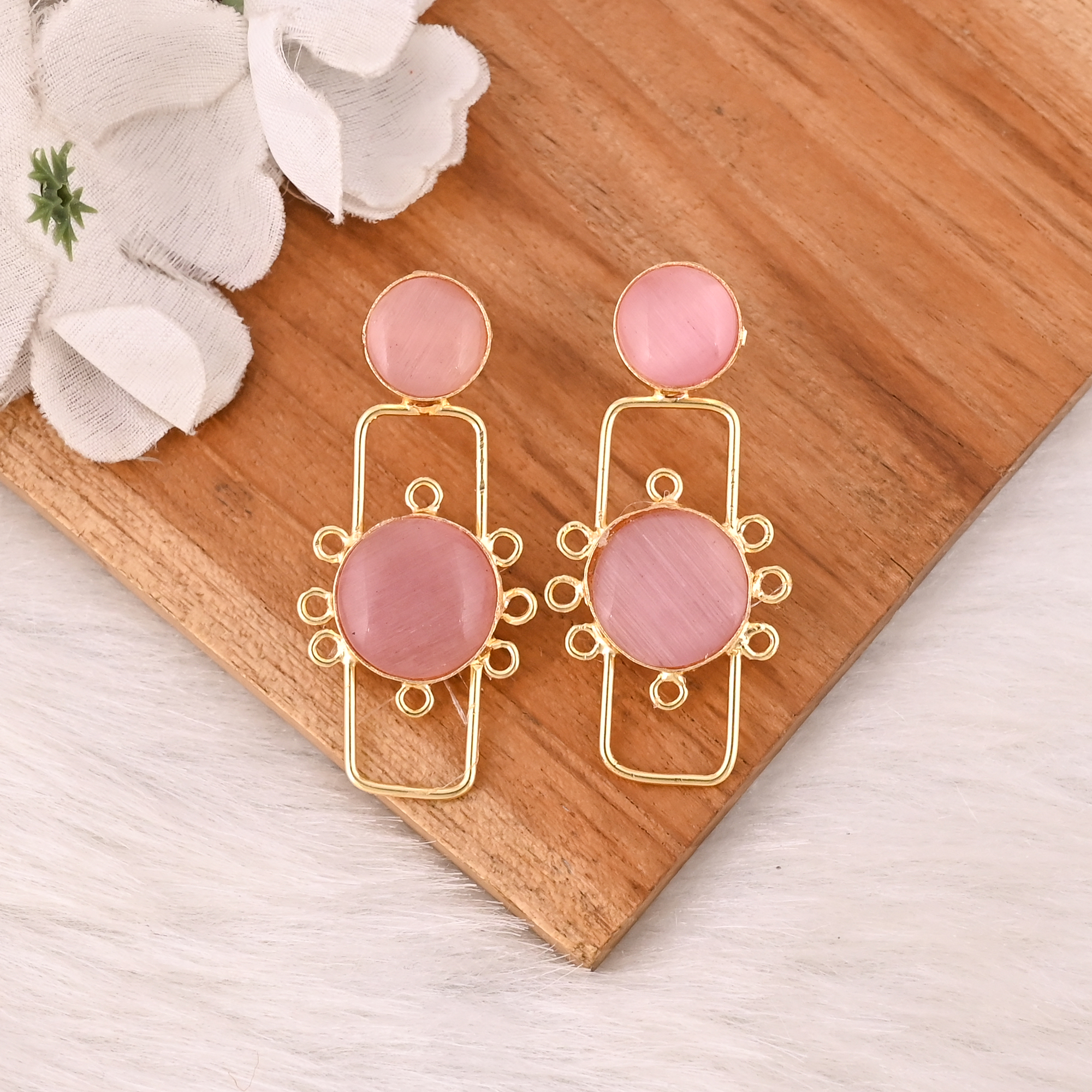 Elegant Pink Cats Eye Gemstone Earrings Designer Brass Fashion Jewelry for Women