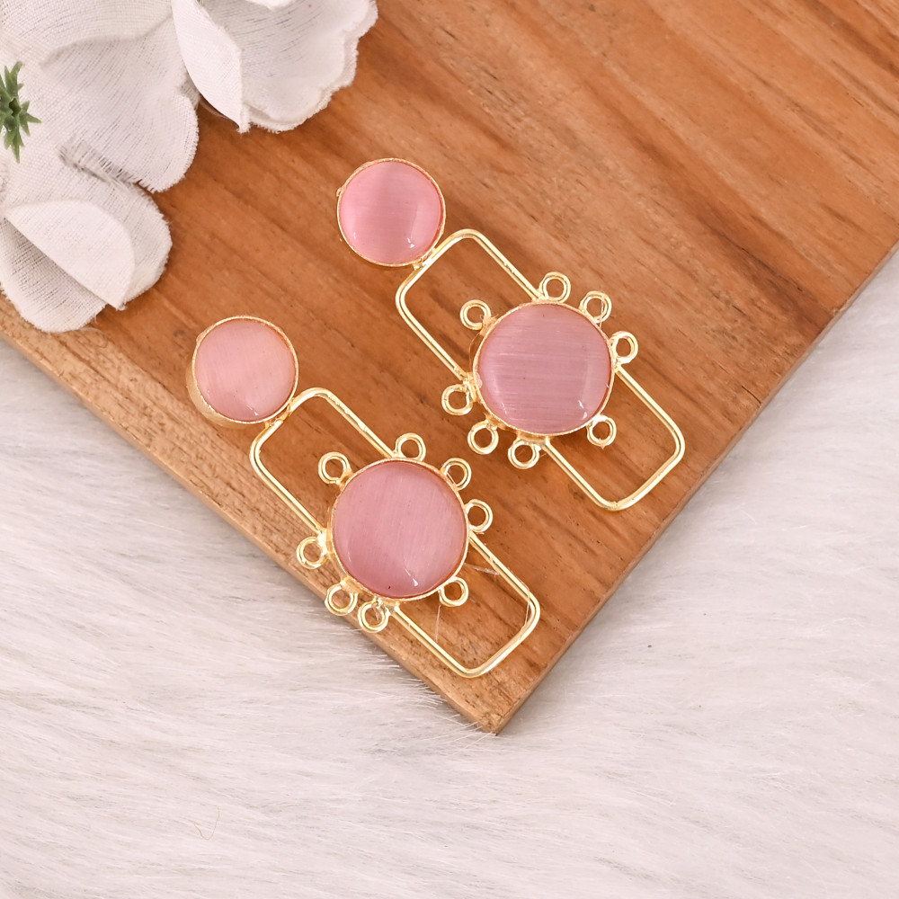 Image of Elegant Pink Cat's Eye Gemstone Earrings Designer Brass Fashion Jewelry for Women