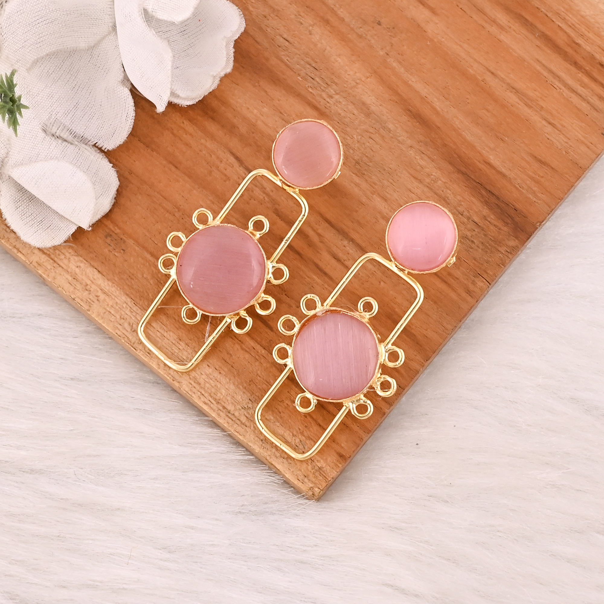 Elegant Pink Cats Eye Gemstone Earrings Designer Brass Fashion Jewelry for Women