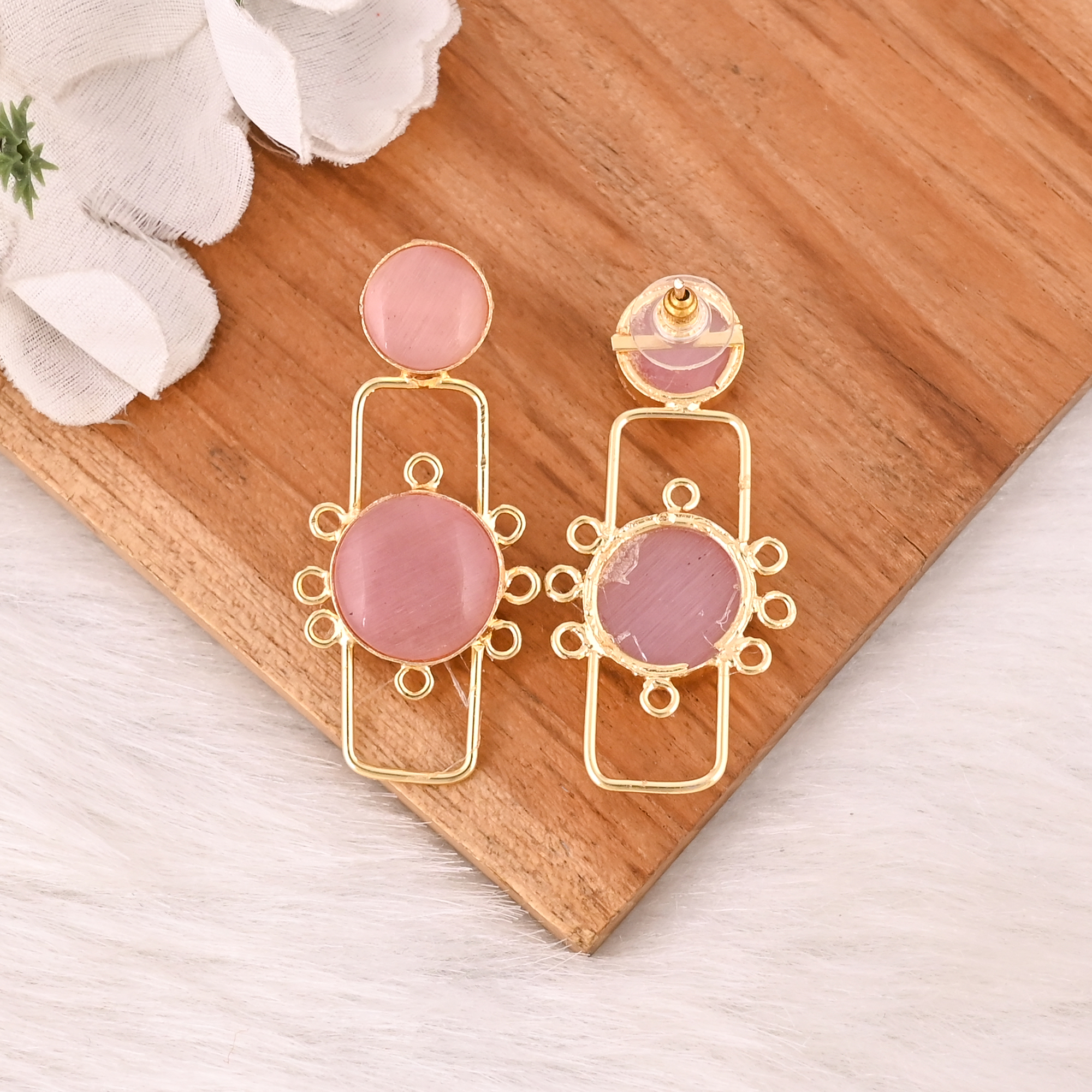 Elegant Pink Cats Eye Gemstone Earrings Designer Brass Fashion Jewelry for Women
