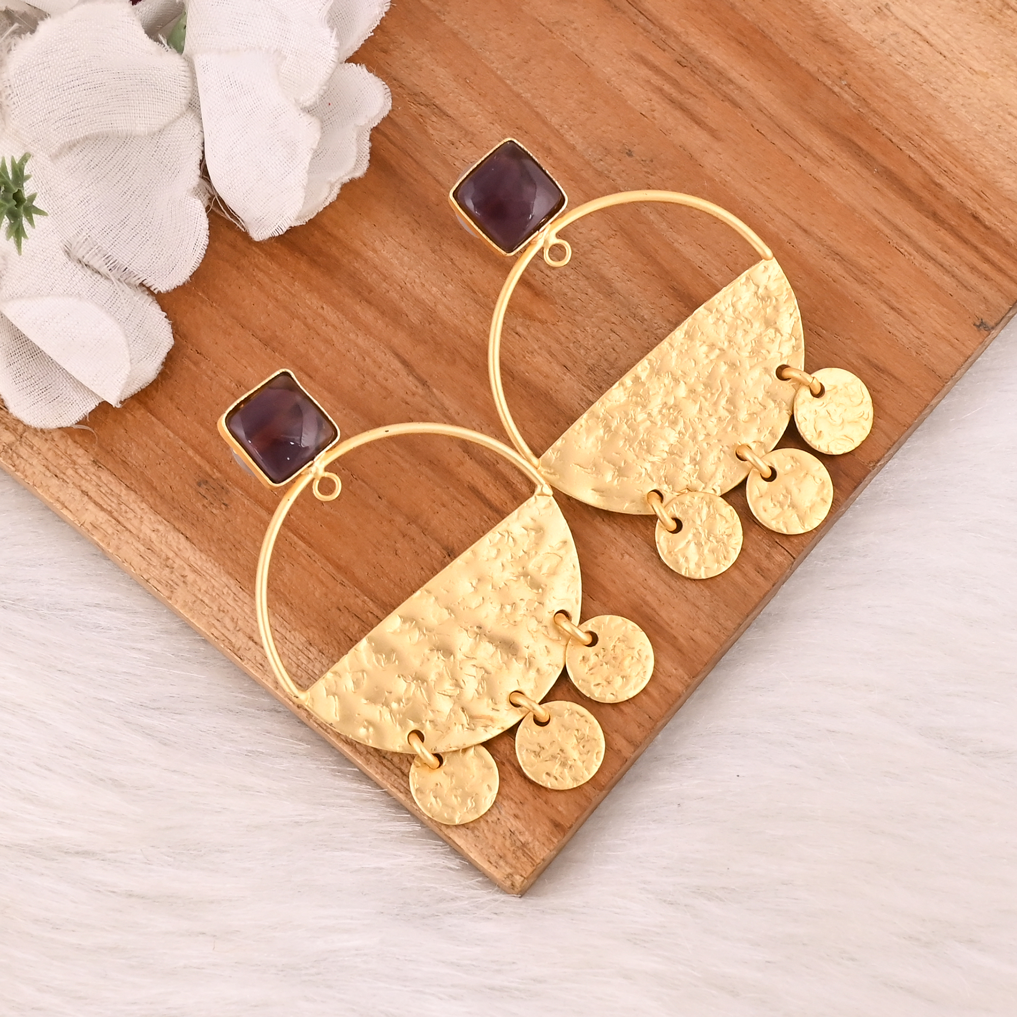 Elegant Amethyst Earrings Handmade Brass Gold Plated Gemstone Jewelry for Women