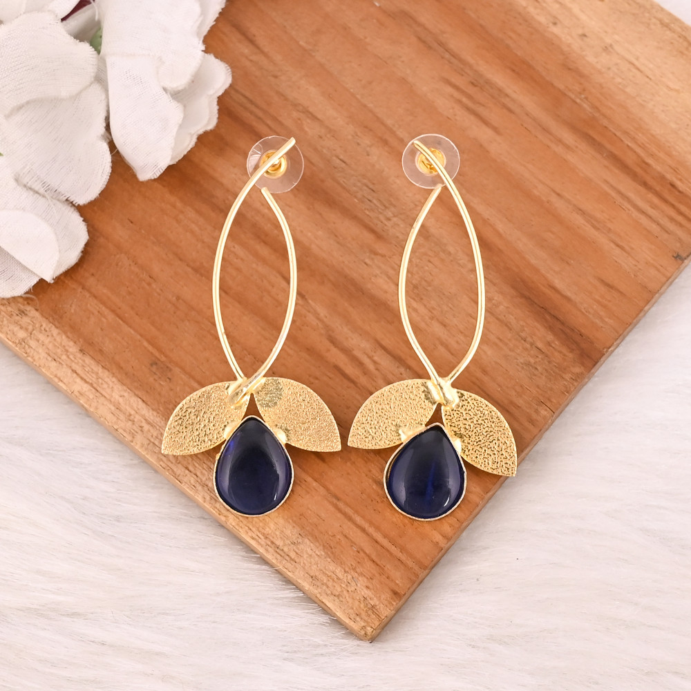 Image of Elegant Gold Plated Ink Blue Hydro Gemstone Brass Earring Handmade Fashion Jewelry for Women Gift
