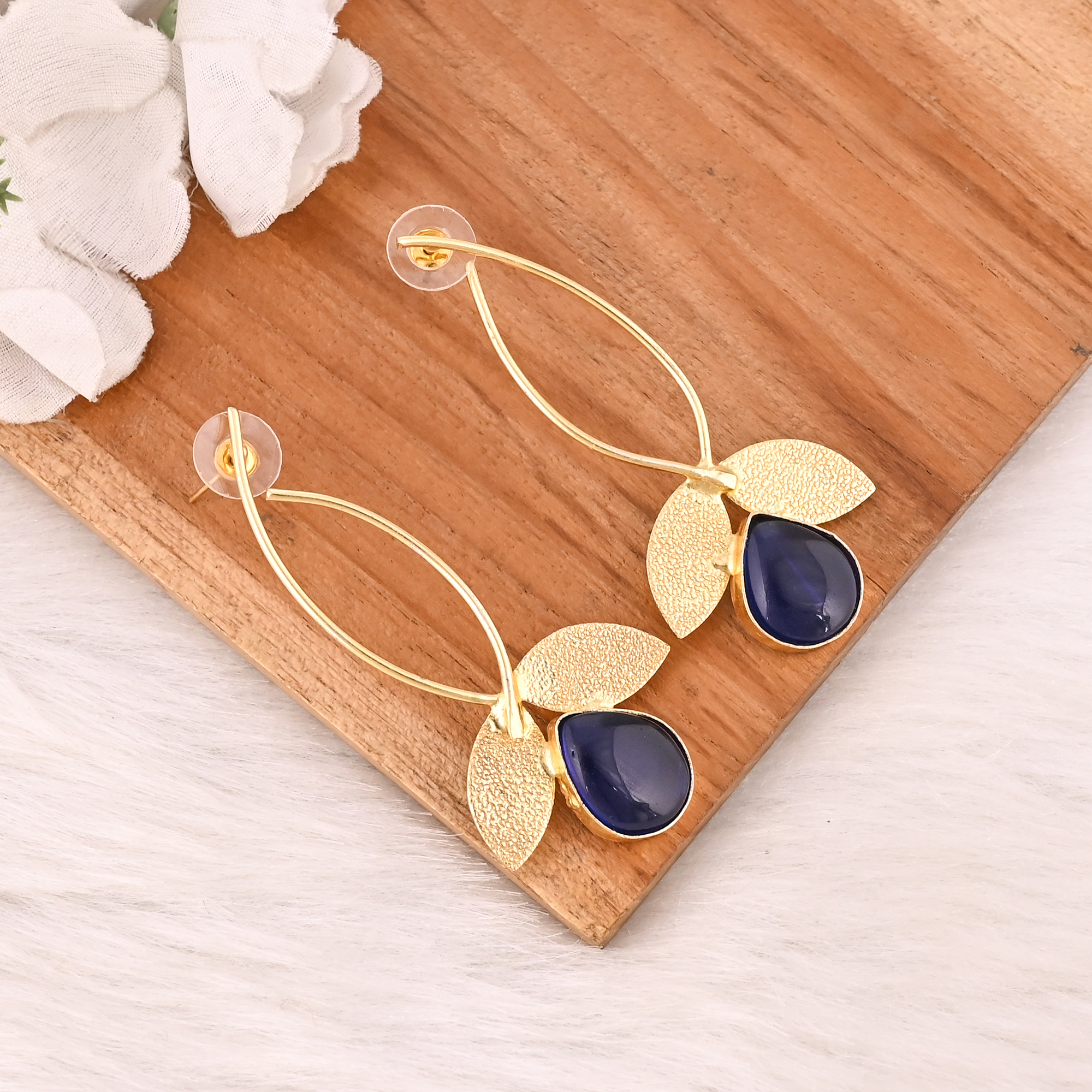 Elegant Gold Plated Ink Blue Hydro Gemstone Brass Earring Handmade Fashion Jewelry for Women Gift