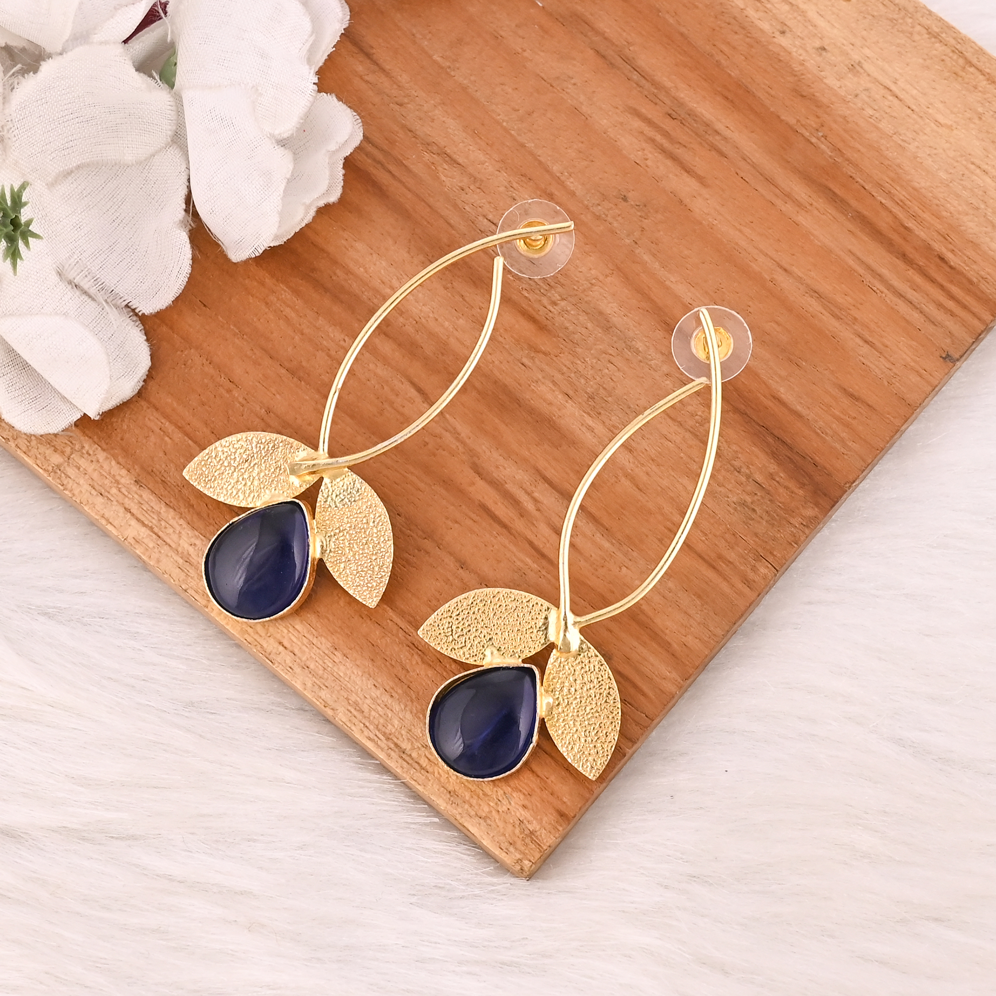 Elegant Gold Plated Ink Blue Hydro Gemstone Brass Earring Handmade Fashion Jewelry for Women Gift