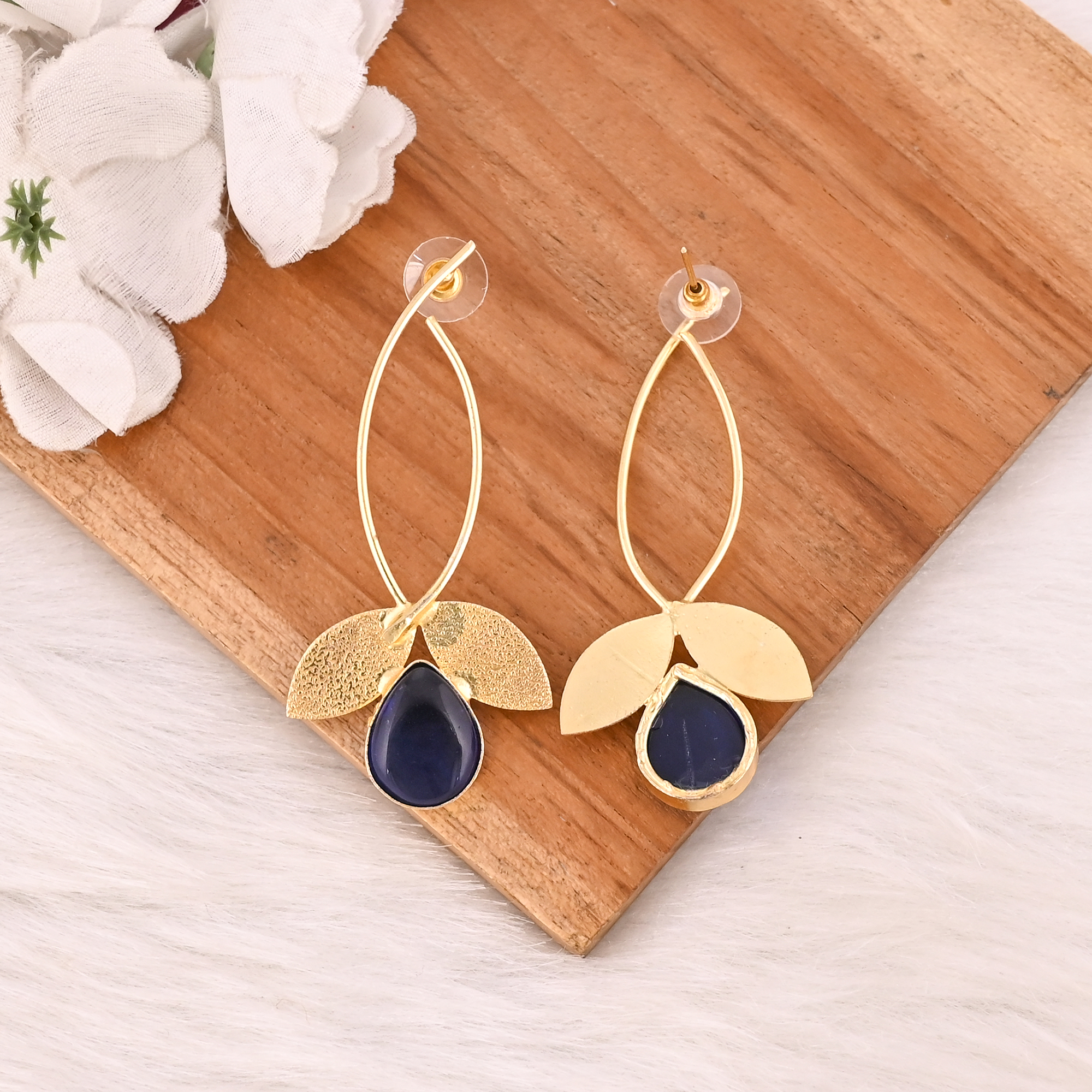 Elegant Gold Plated Ink Blue Hydro Gemstone Brass Earring Handmade Fashion Jewelry for Women Gift