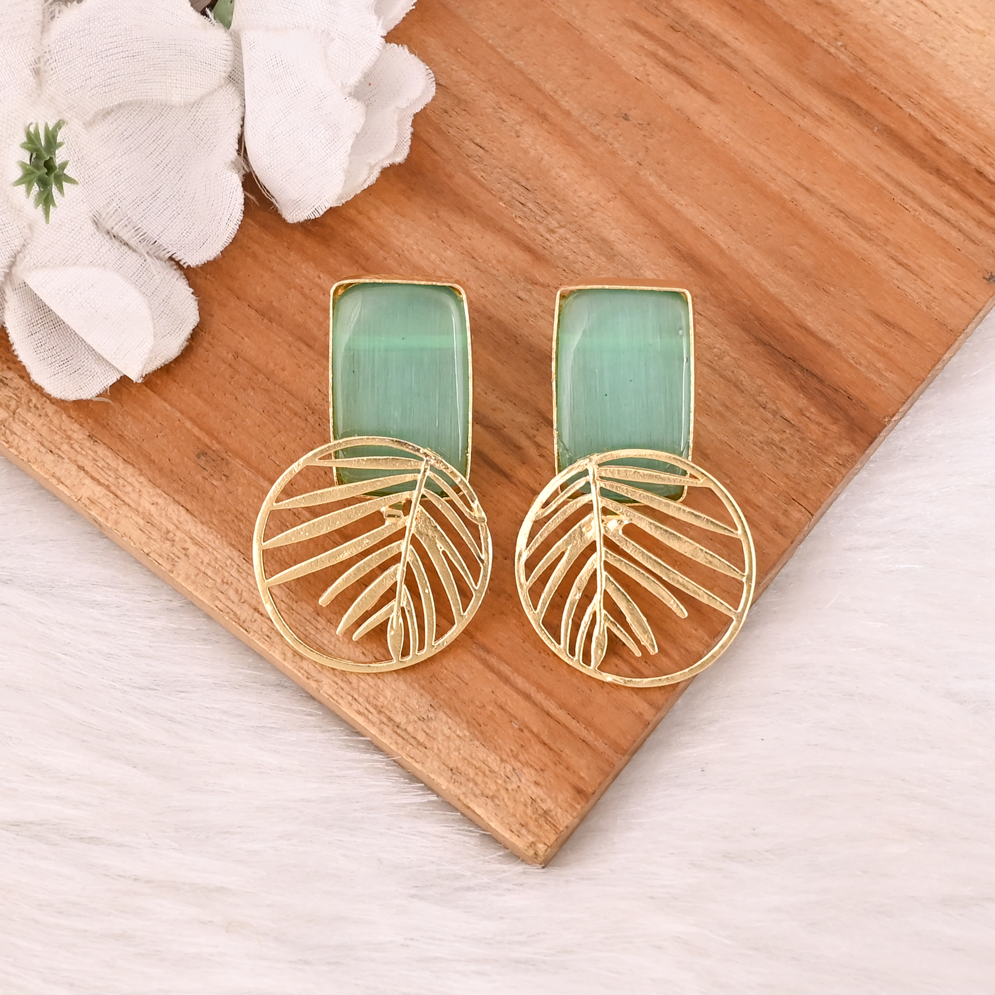 Handmade Green Cats Eye Gemstone Brass Earrings Trendy Fashion Statement Jewelry for Women