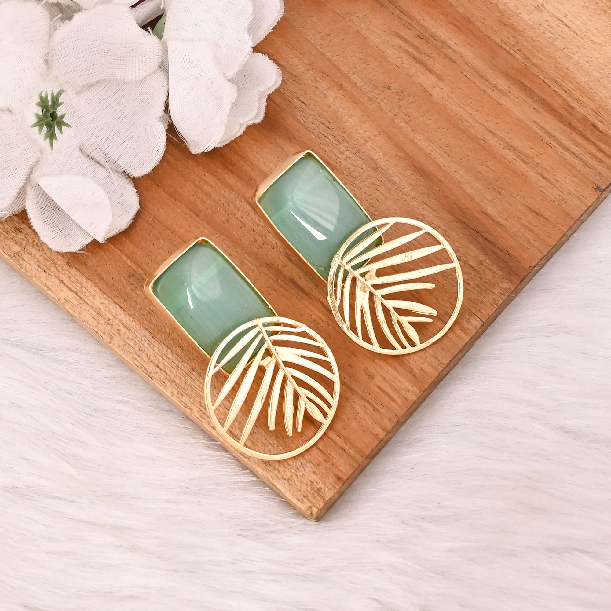 Handmade Green Cats Eye Gemstone Brass Earrings Trendy Fashion Statement Jewelry for Women