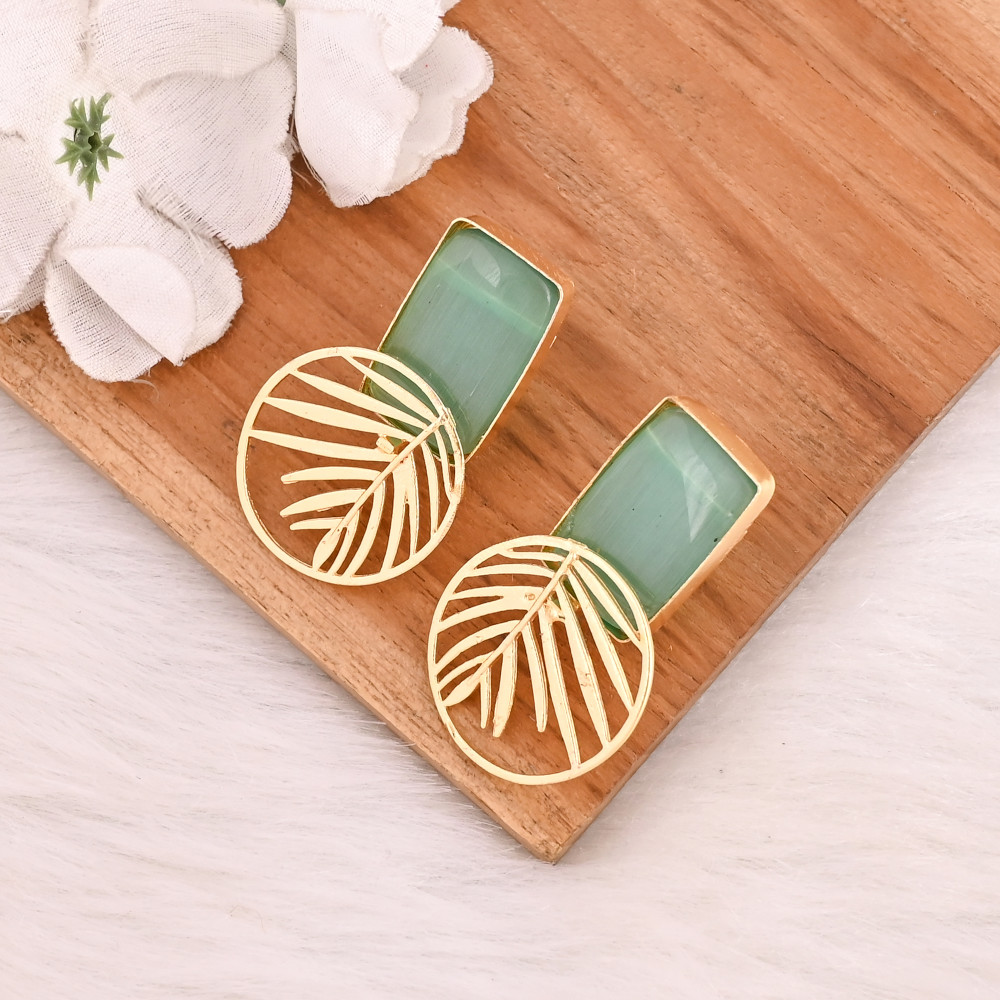 Image of Handmade Green Cat's Eye Gemstone Brass Earrings Trendy Fashion Statement Jewelry for Women