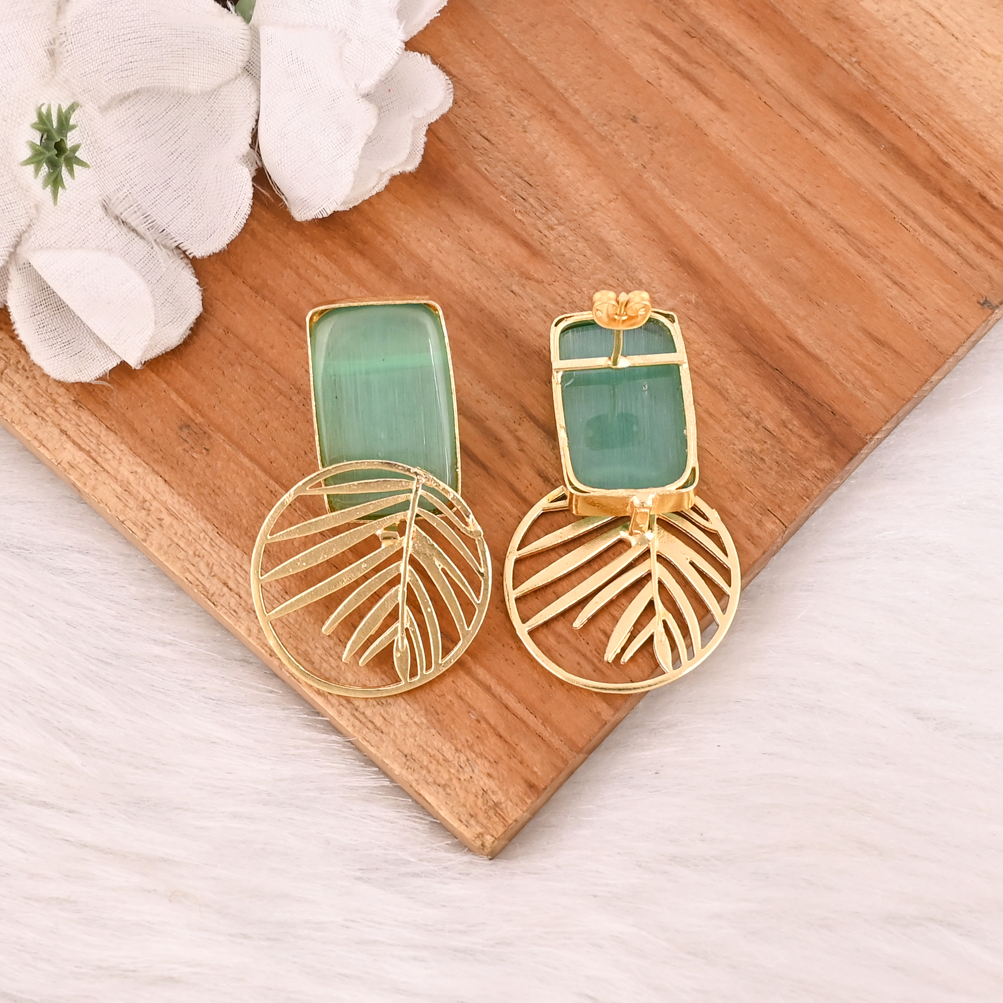 Handmade Green Cats Eye Gemstone Brass Earrings Trendy Fashion Statement Jewelry for Women