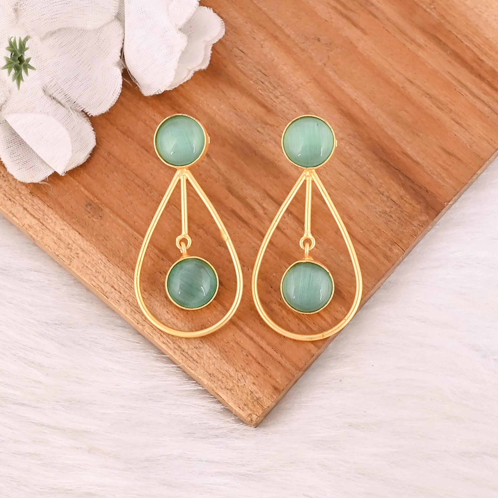 Handmade Green Cats Eye Gemstone Brass Earrings Trendy Fashion Statement Jewelry for Women