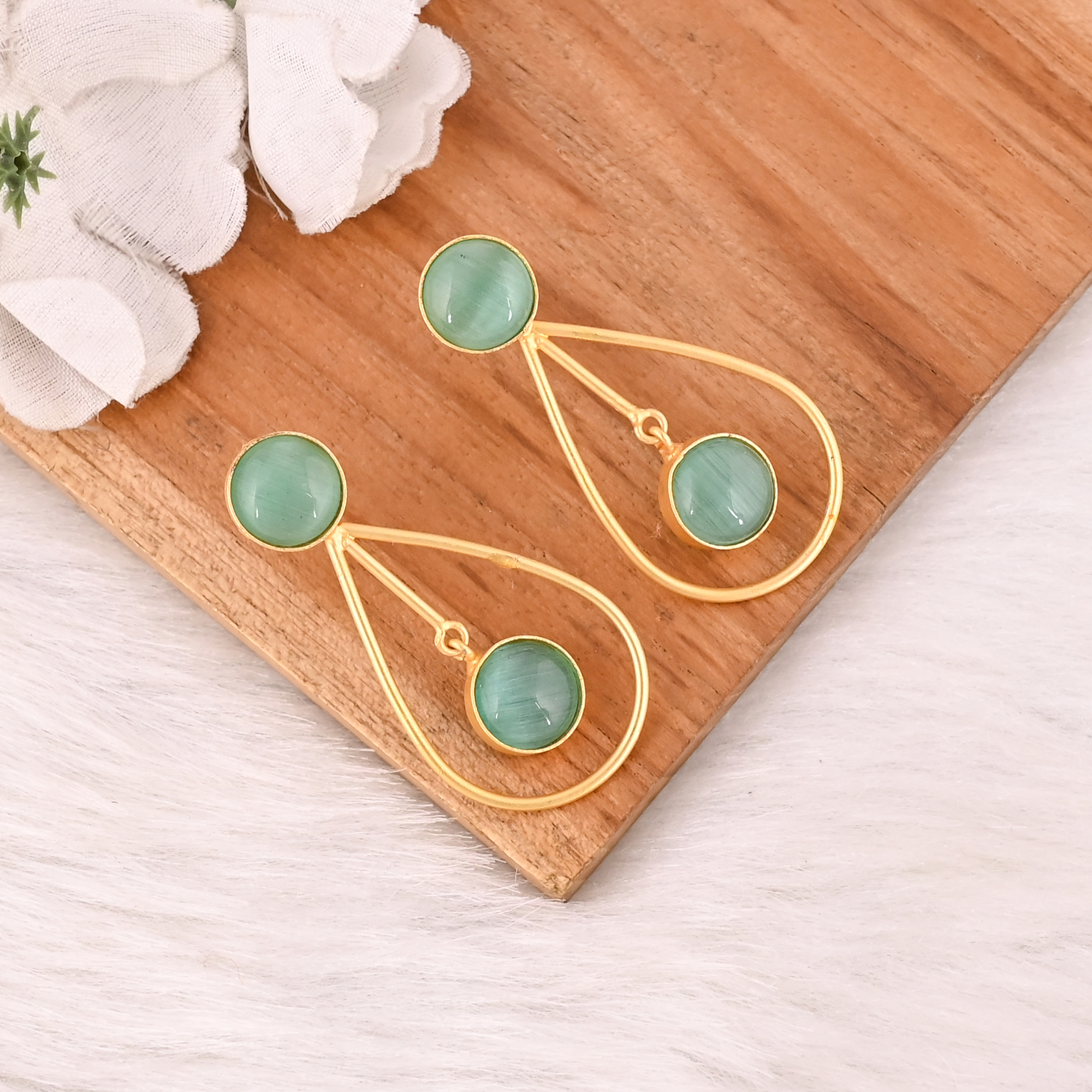 Handmade Green Cats Eye Gemstone Brass Earrings Trendy Fashion Statement Jewelry for Women