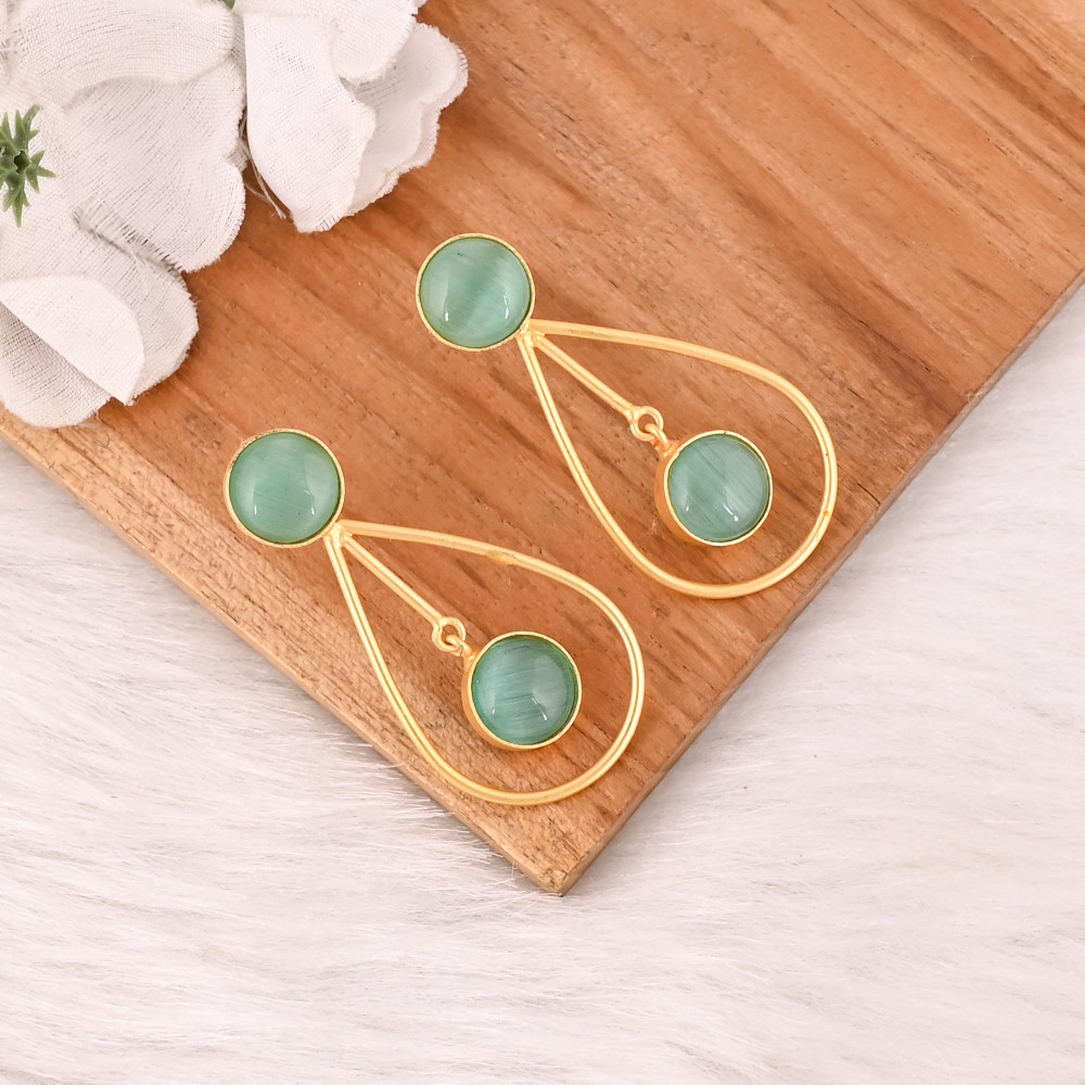 Image of Handmade Green Cat's Eye Gemstone Brass Earrings Trendy Fashion Statement Jewelry for Women