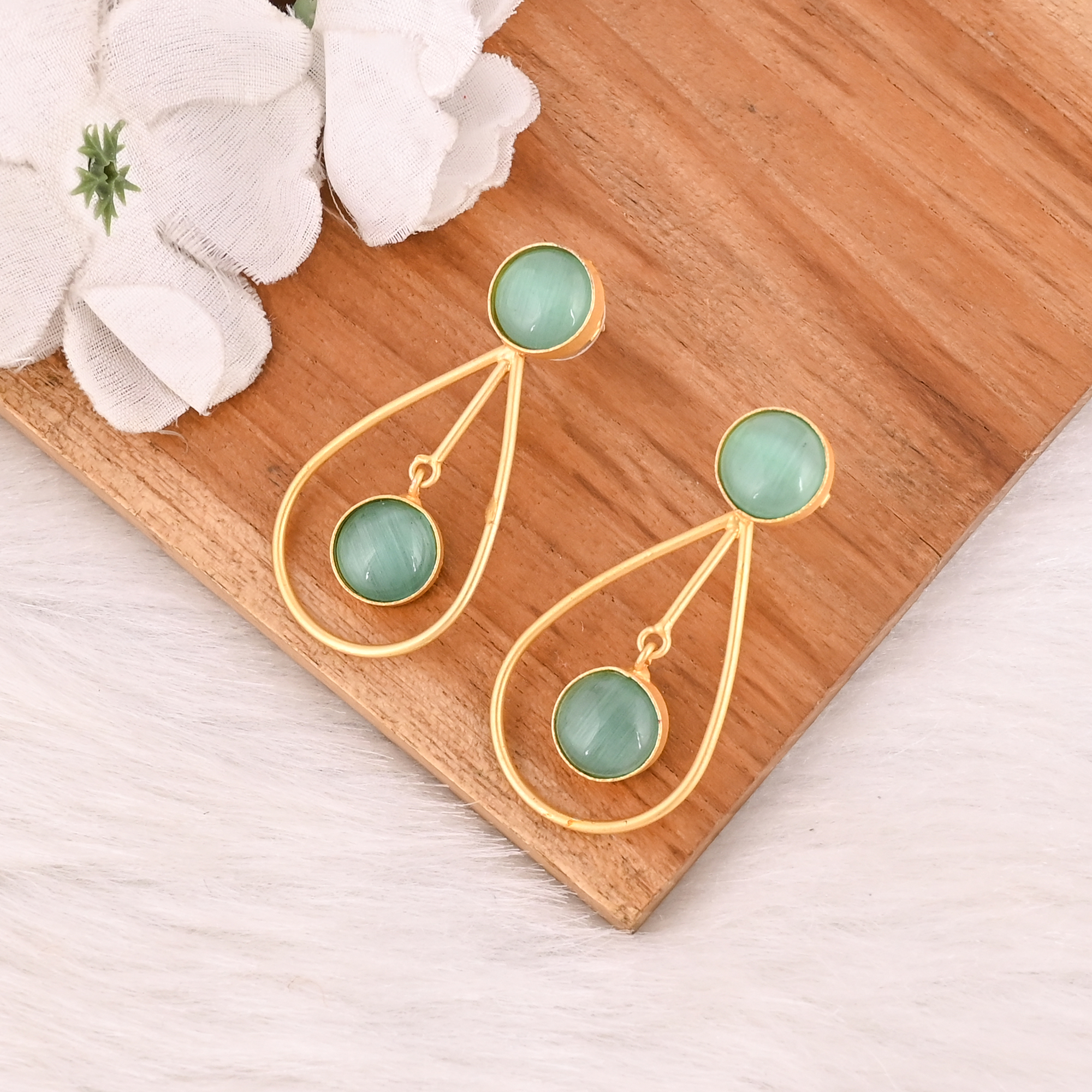 Handmade Green Cats Eye Gemstone Brass Earrings Trendy Fashion Statement Jewelry for Women