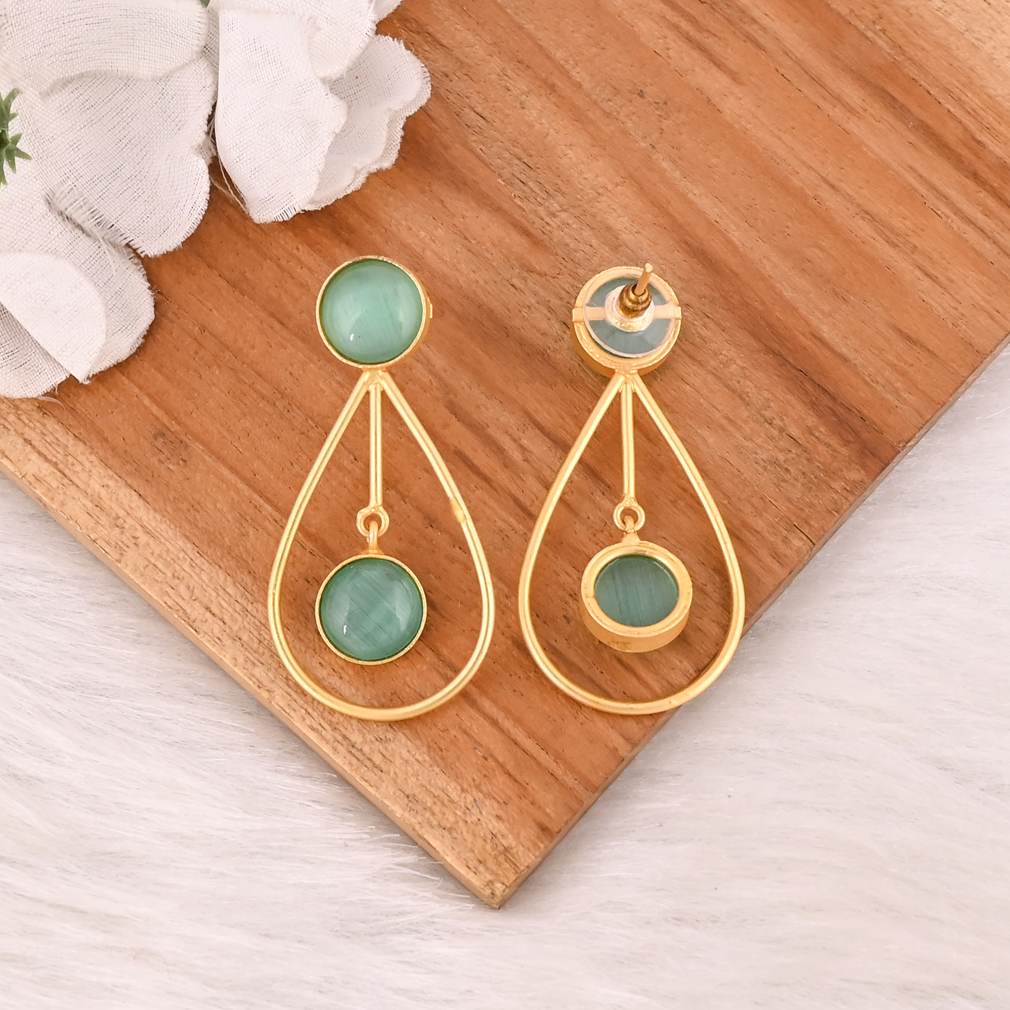 Handmade Green Cats Eye Gemstone Brass Earrings Trendy Fashion Statement Jewelry for Women