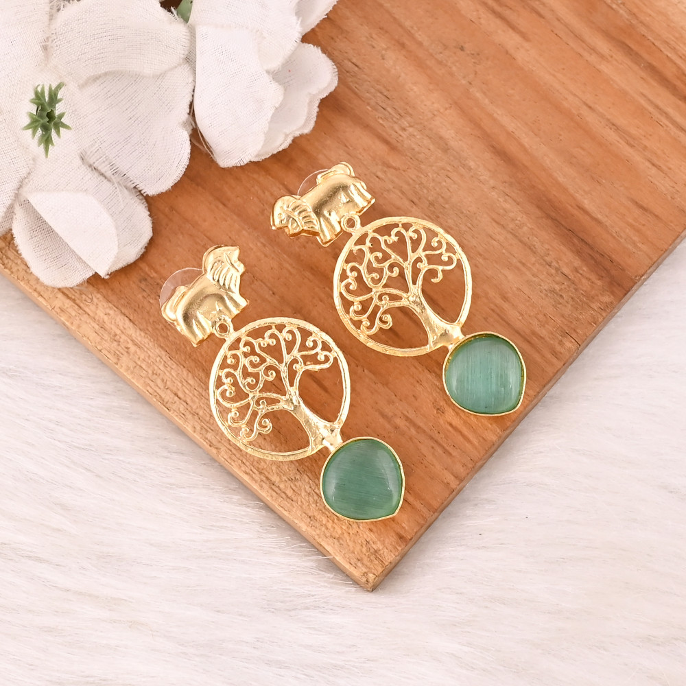 Image of Handmade Green Cat's Eye Gemstone Brass Earrings Fashion Jewelry for Women