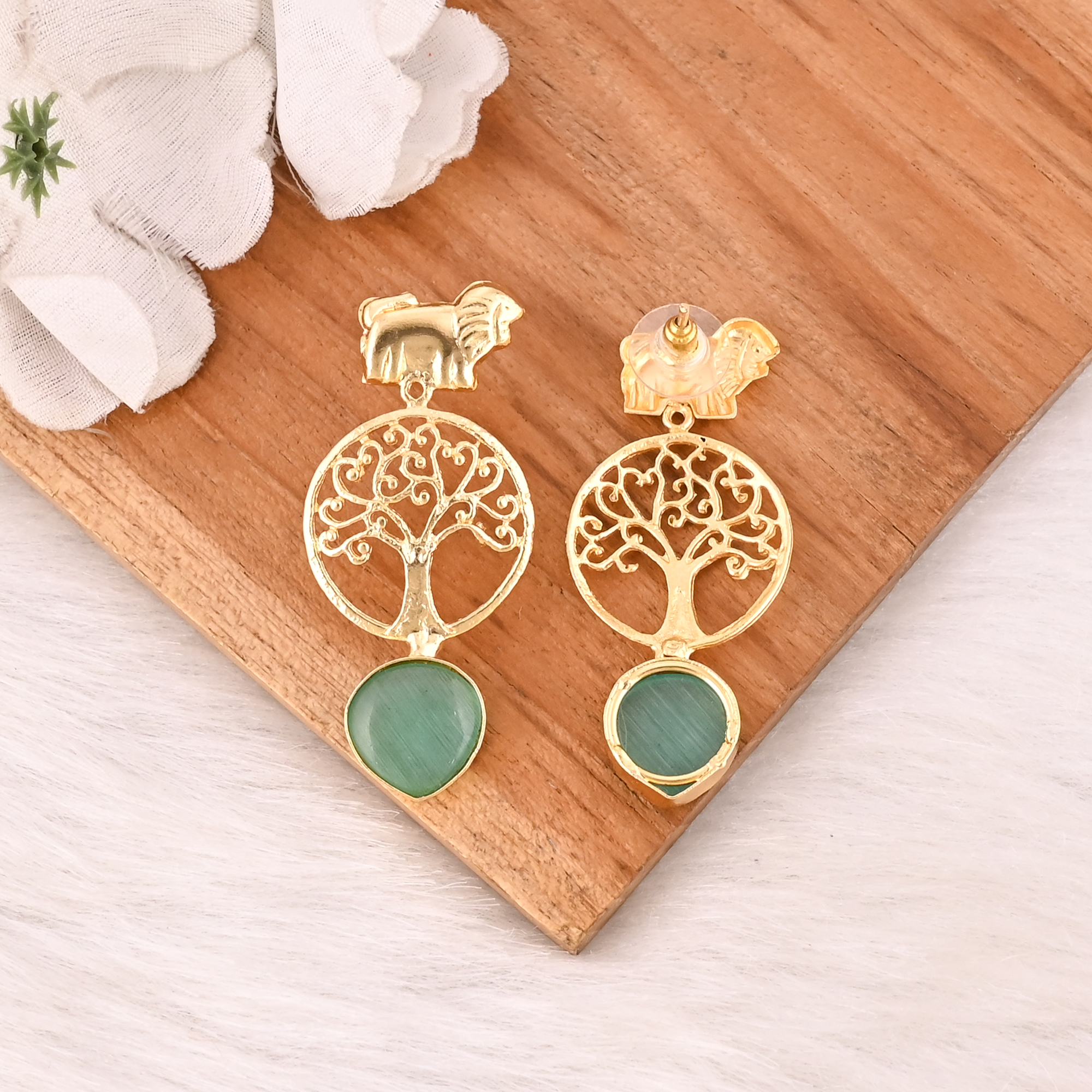 Handmade Green Cats Eye Gemstone Brass Earrings Fashion Jewelry for Women