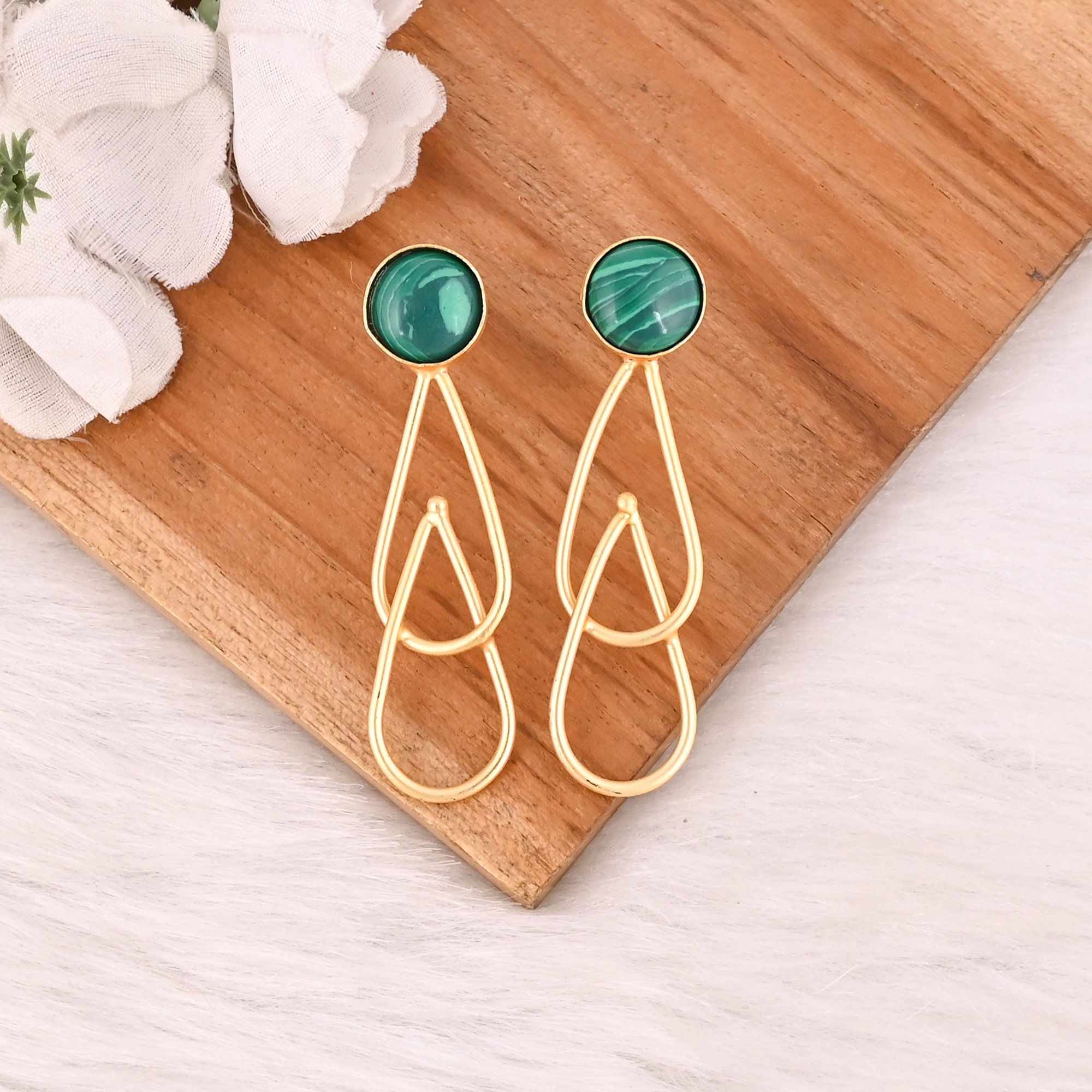 Handmade Natural Malachite Gemstone Brass Earrings Fashion Jewelry for Women