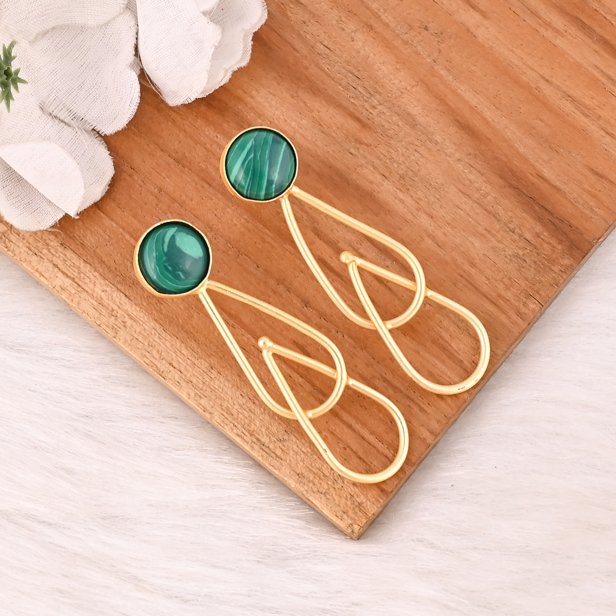 Handmade Natural Malachite Gemstone Brass Earrings Fashion Jewelry for Women